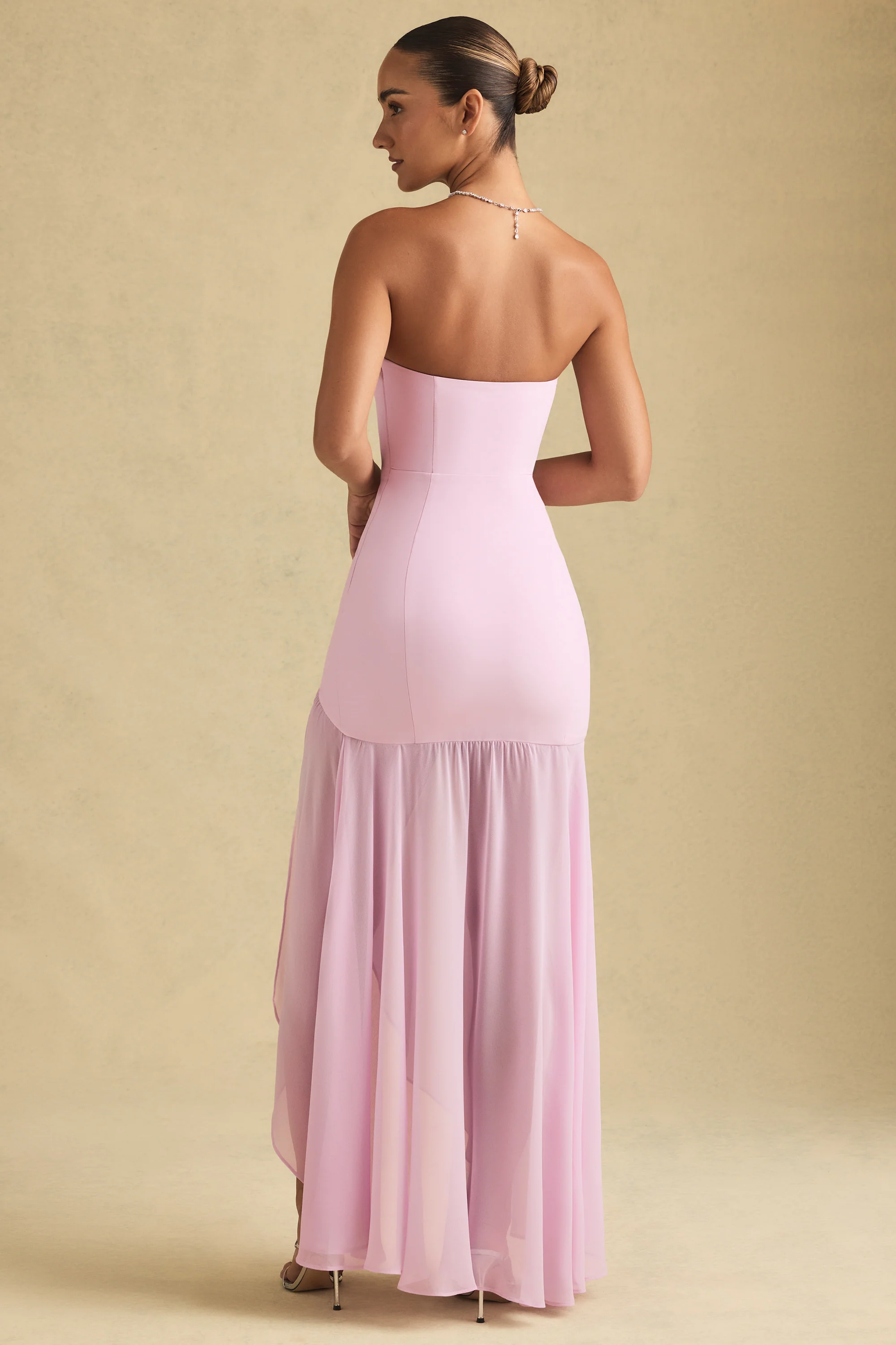 Asymmetric Strapless Fishtail Maxi Dress in Soft Pink - TREBLEV
