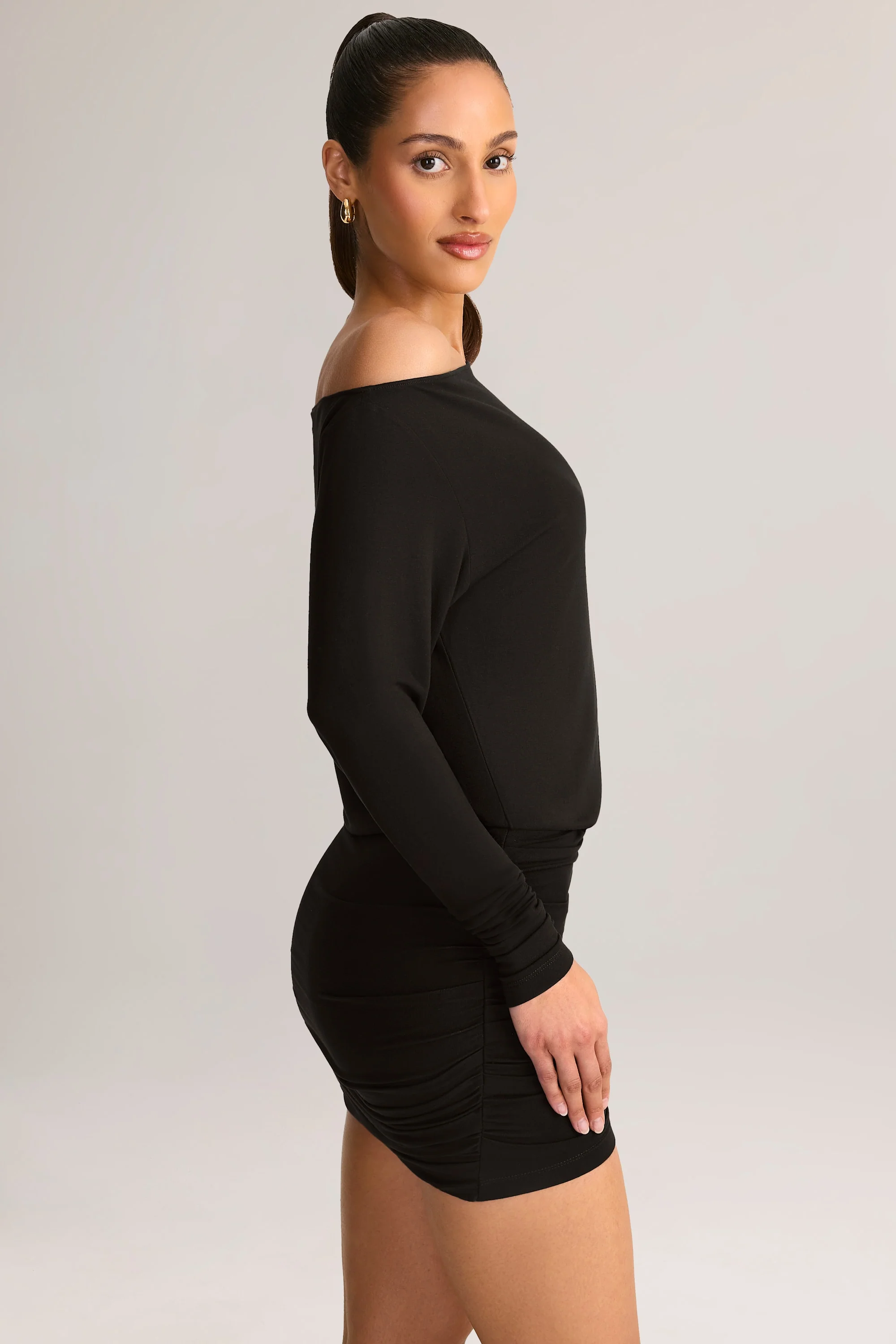 Modal Off-Shoulder Mini Dress in Black - TREBLEV