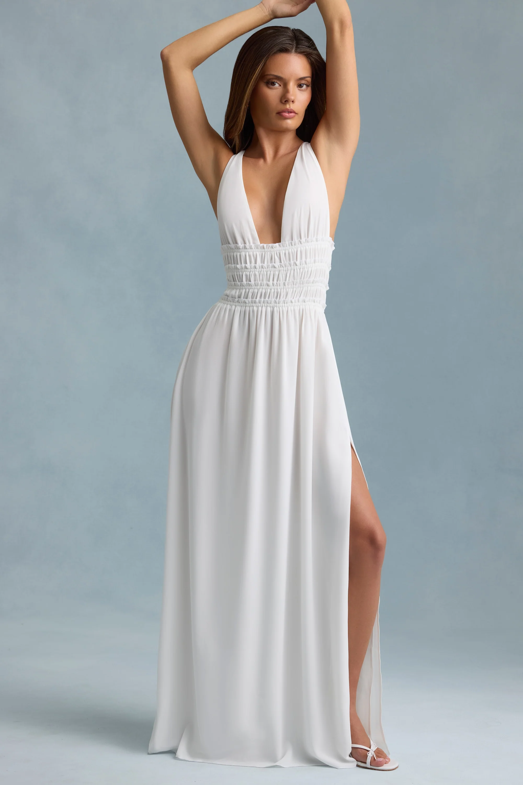 Plunge Cross-Back Maxi Dress in White - TREBLEV