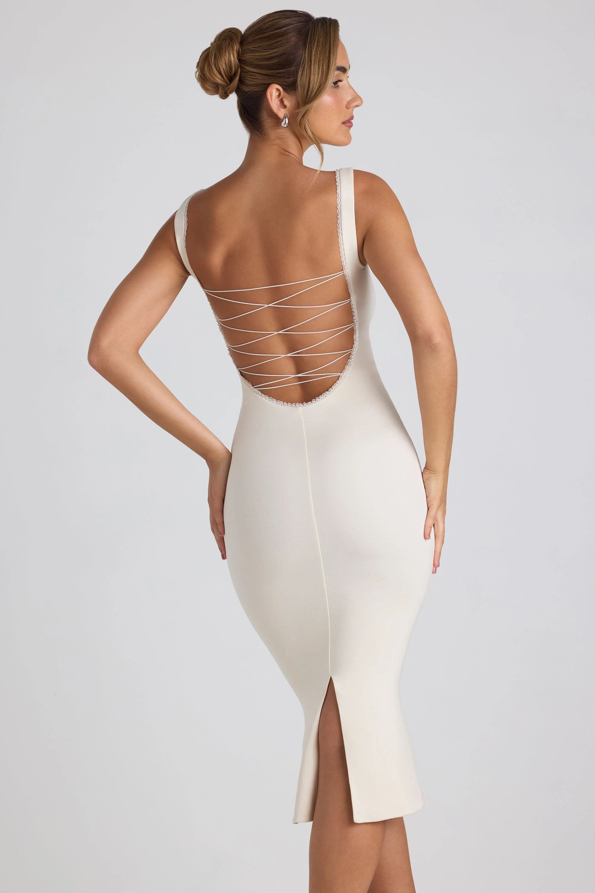 Modal Lace-Trim Midaxi Dress in Ivory - TREBLEV