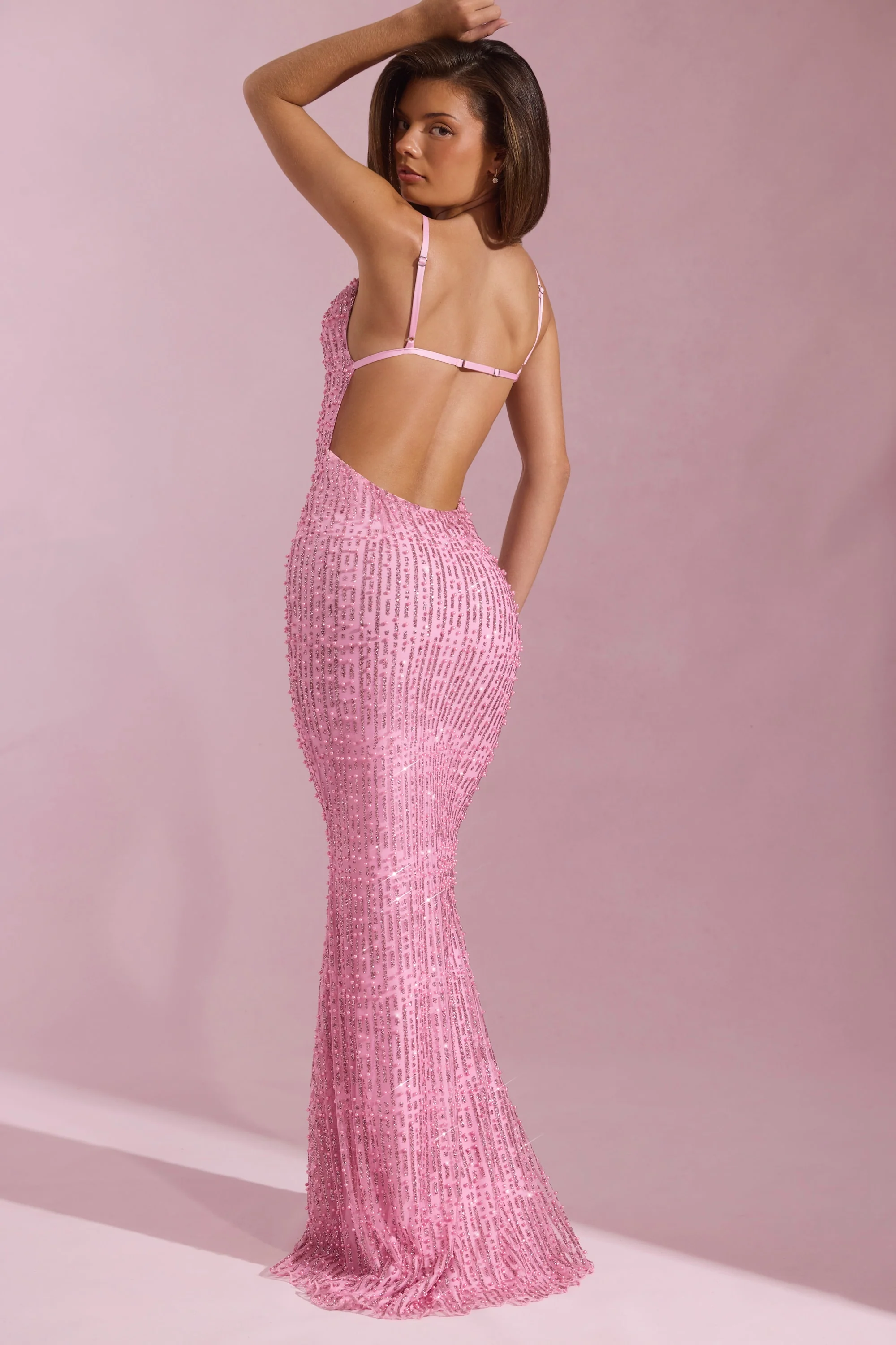 Embellished Cowl-Neck Backless Maxi Dress in Pink - TREBLEV