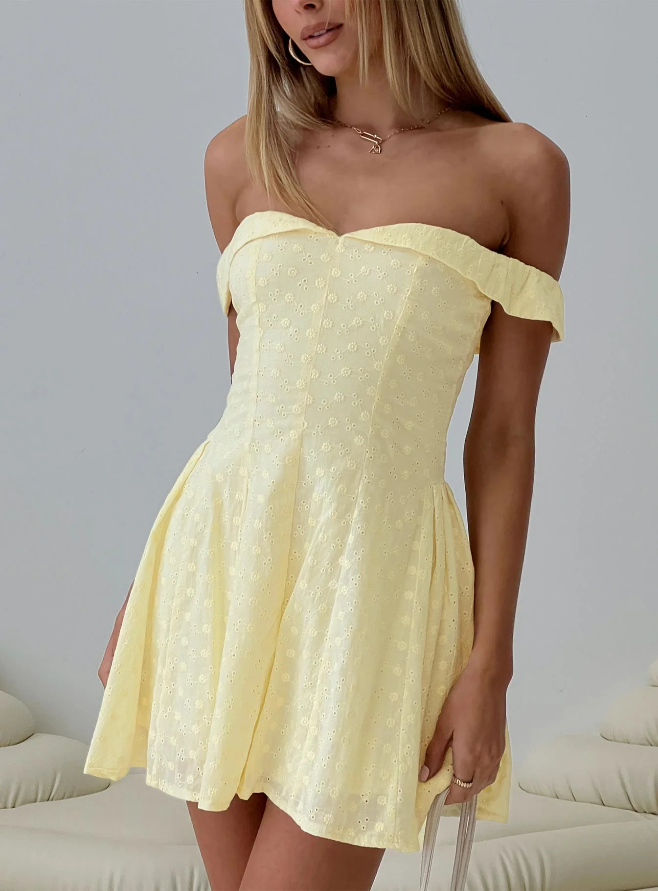 Rosebud Off The Shoulder Mini Dress Lemon - TREBLEV