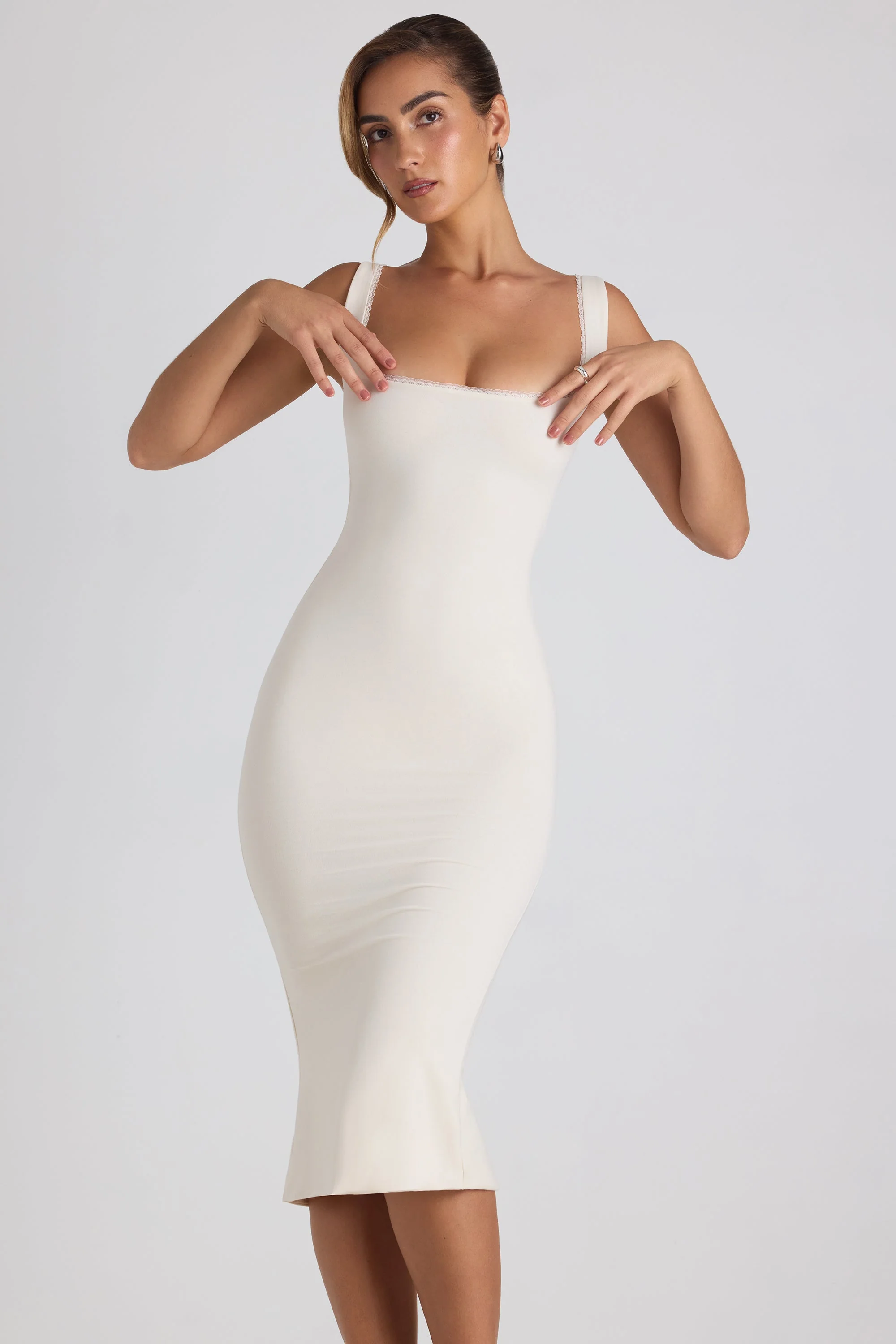 Modal Lace-Trim Midaxi Dress in Ivory - TREBLEV