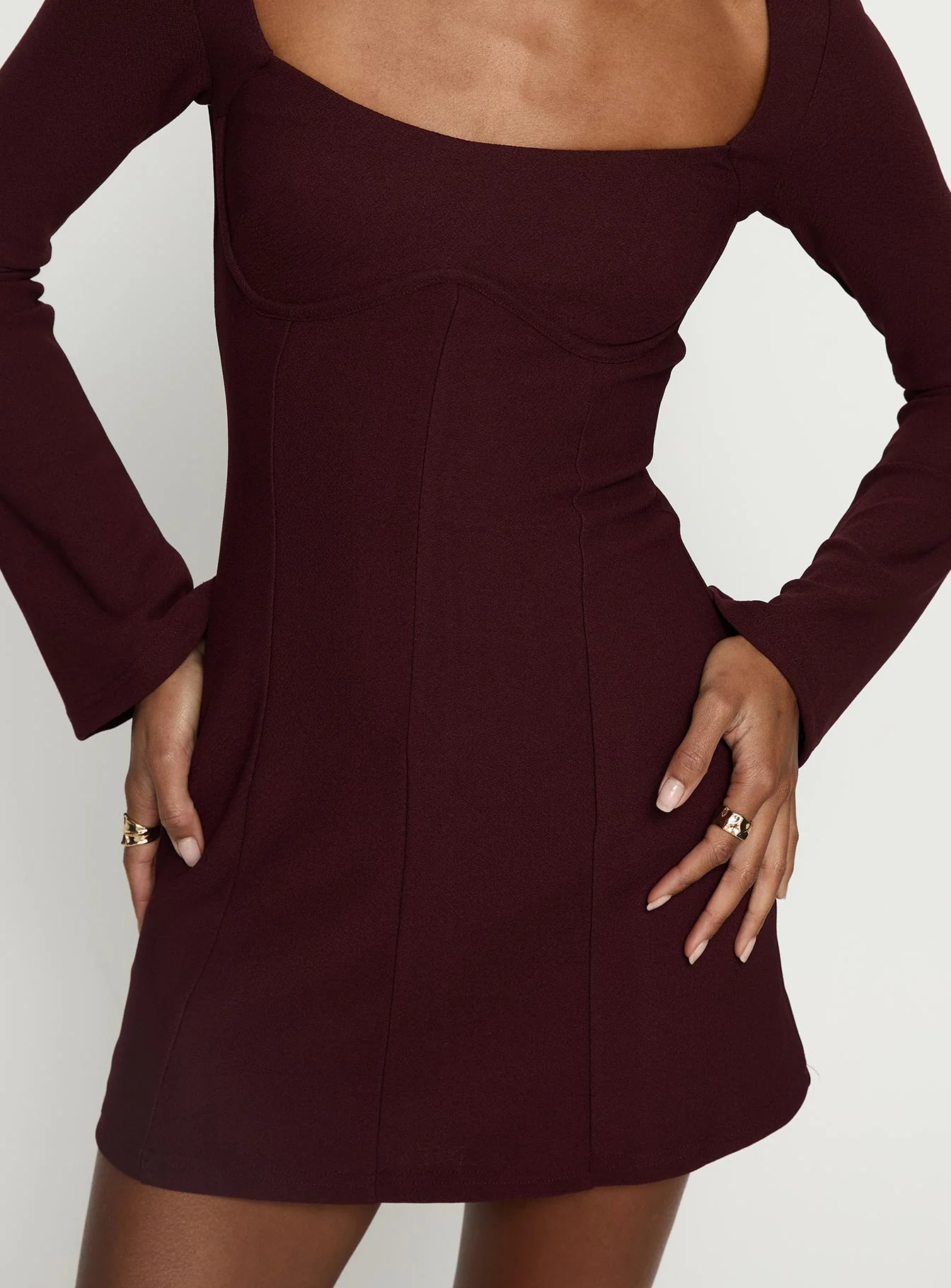 Encounters Long Sleeve Mini Dress Wine - TREBLEV