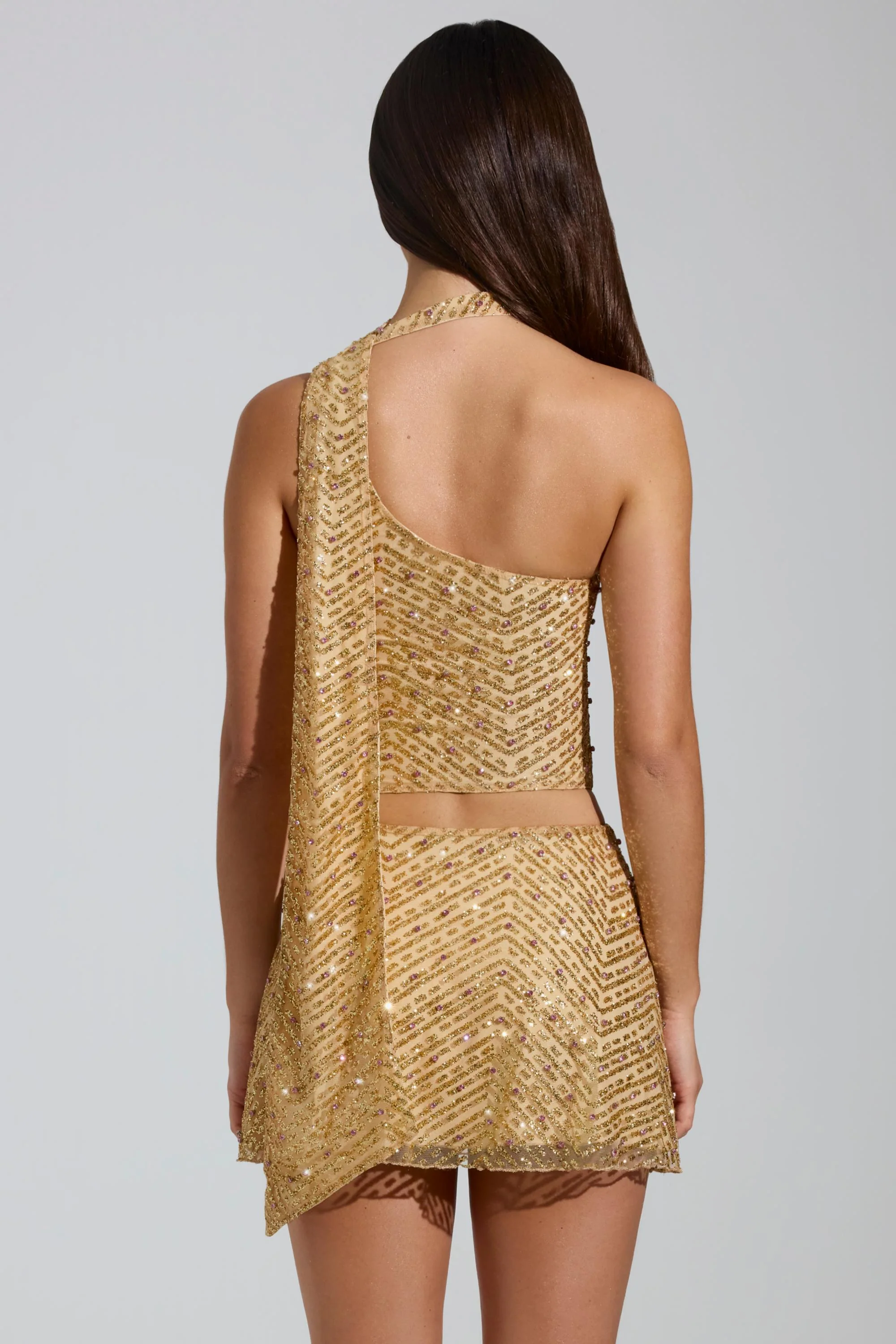 Embellished Low-Rise A-Line Micro Mini Skirt in Gold - TREBLEV