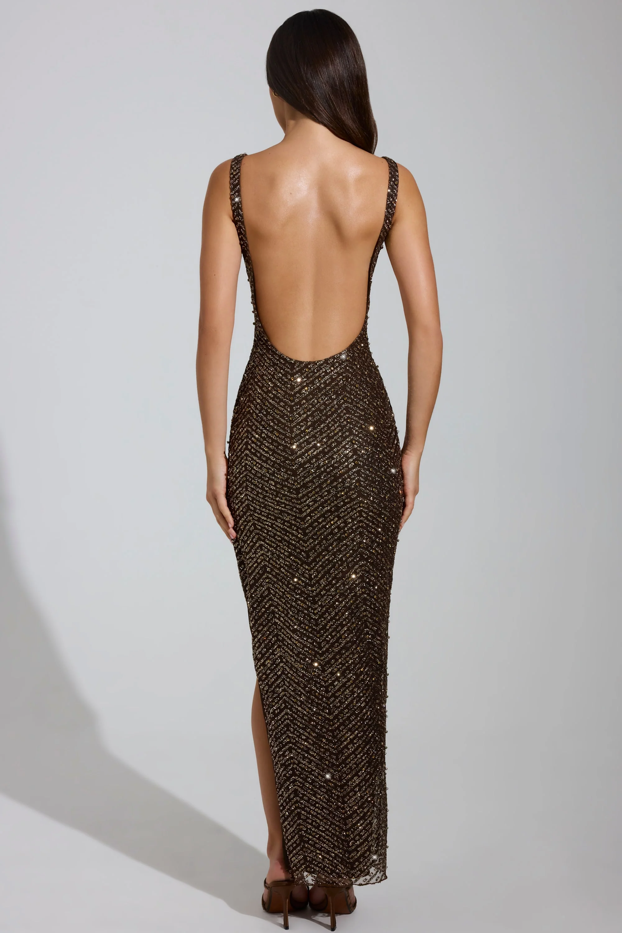 Embellished Scoop-Neck Maxi Dress in Brown - TREBLEV