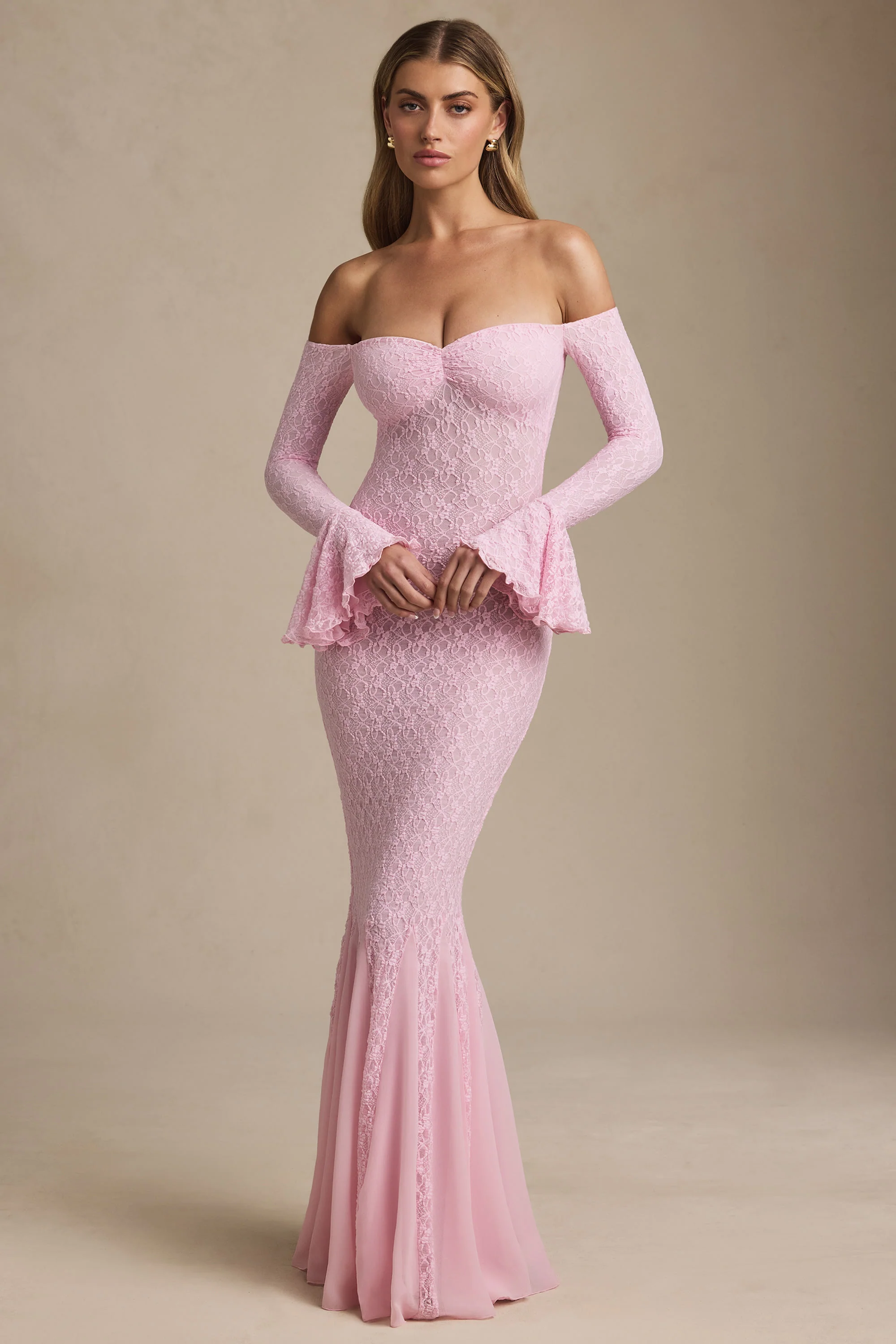 Off-Shoulder Ruffle Lace Maxi Dress in Soft Pink - TREBLEV