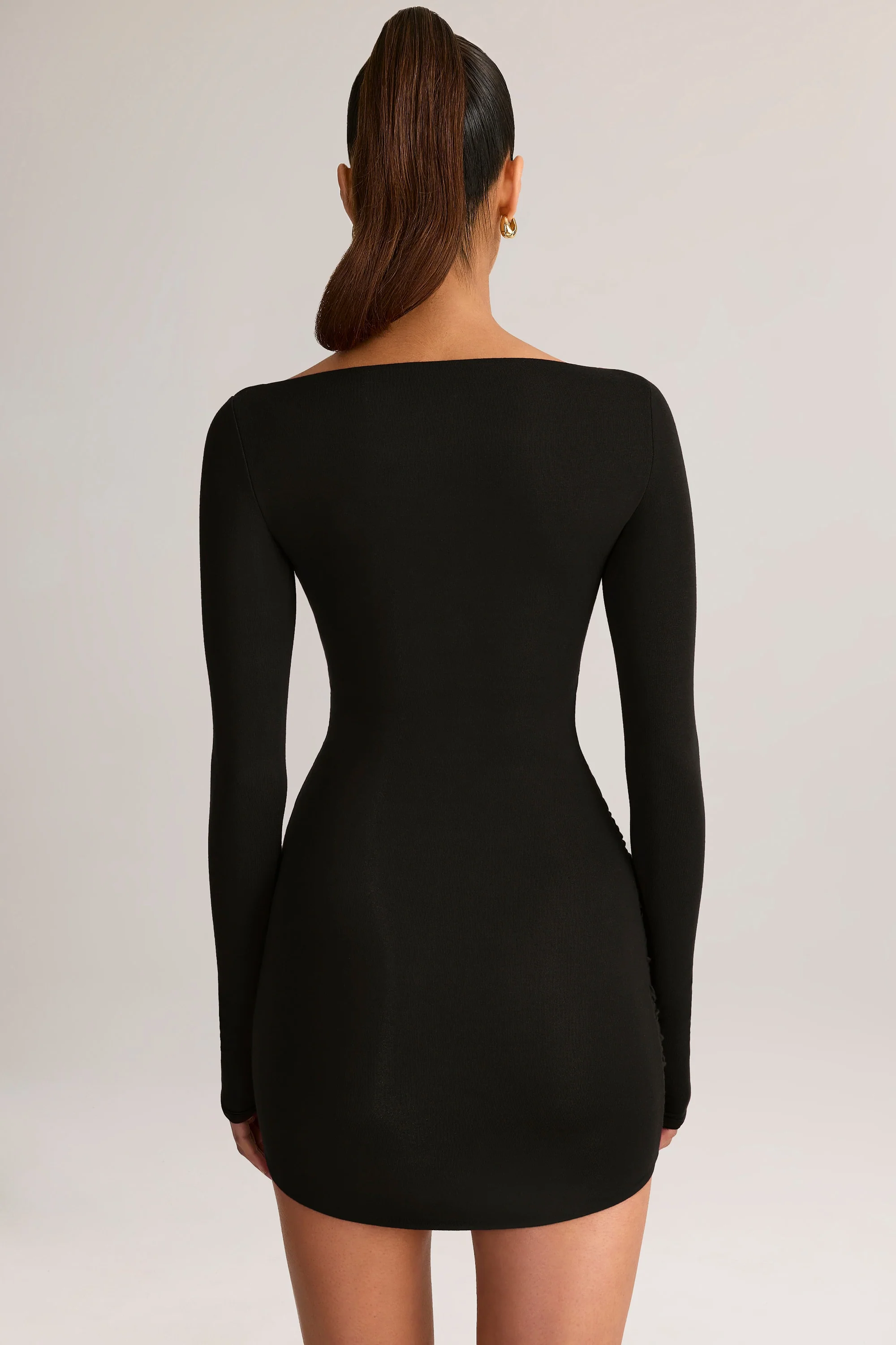 Modal Draped Long-Sleeve Mini Dress in Black - TREBLEV