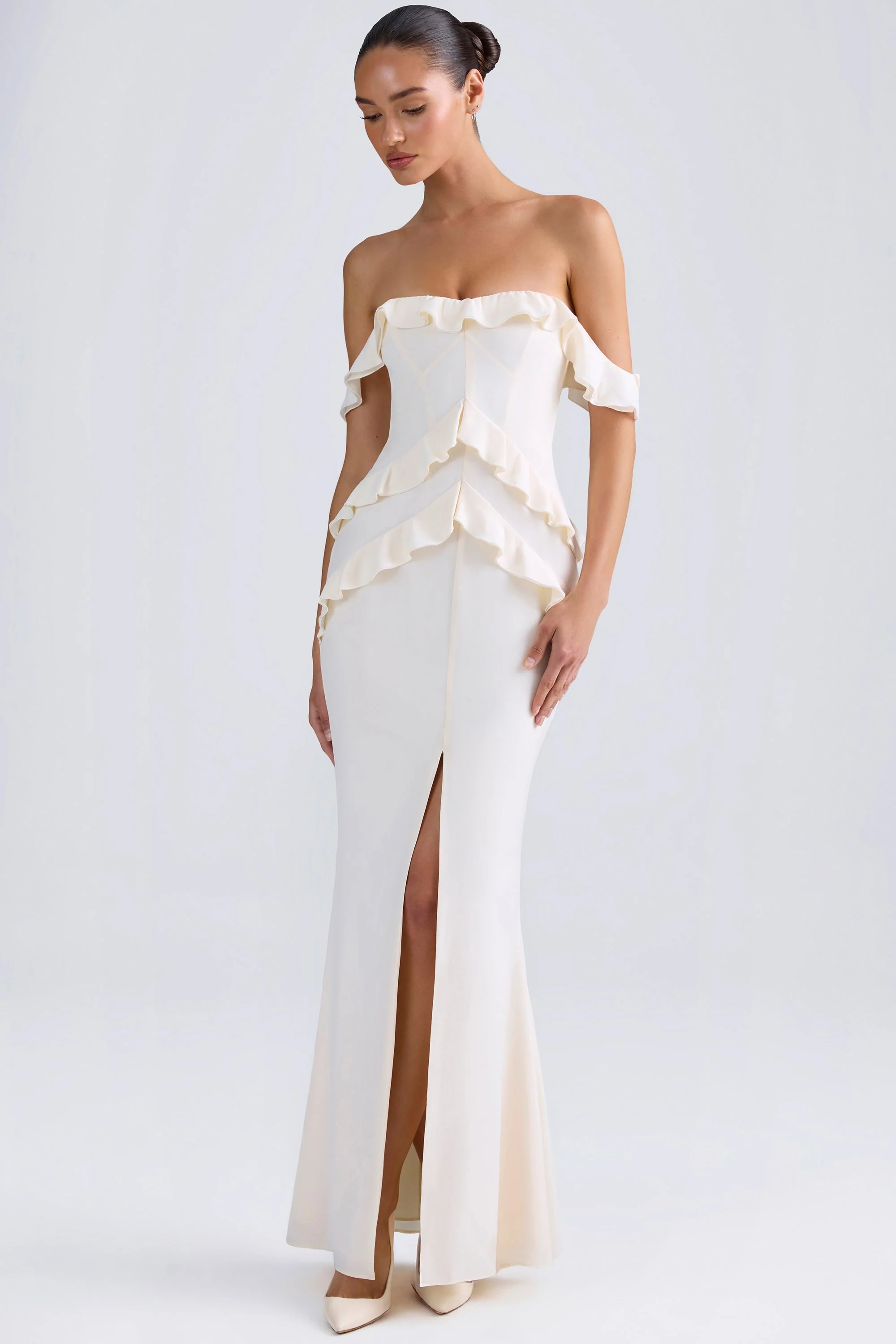 Off-Shoulder Ruffle-Trim Gown in Ivory - TREBLEV