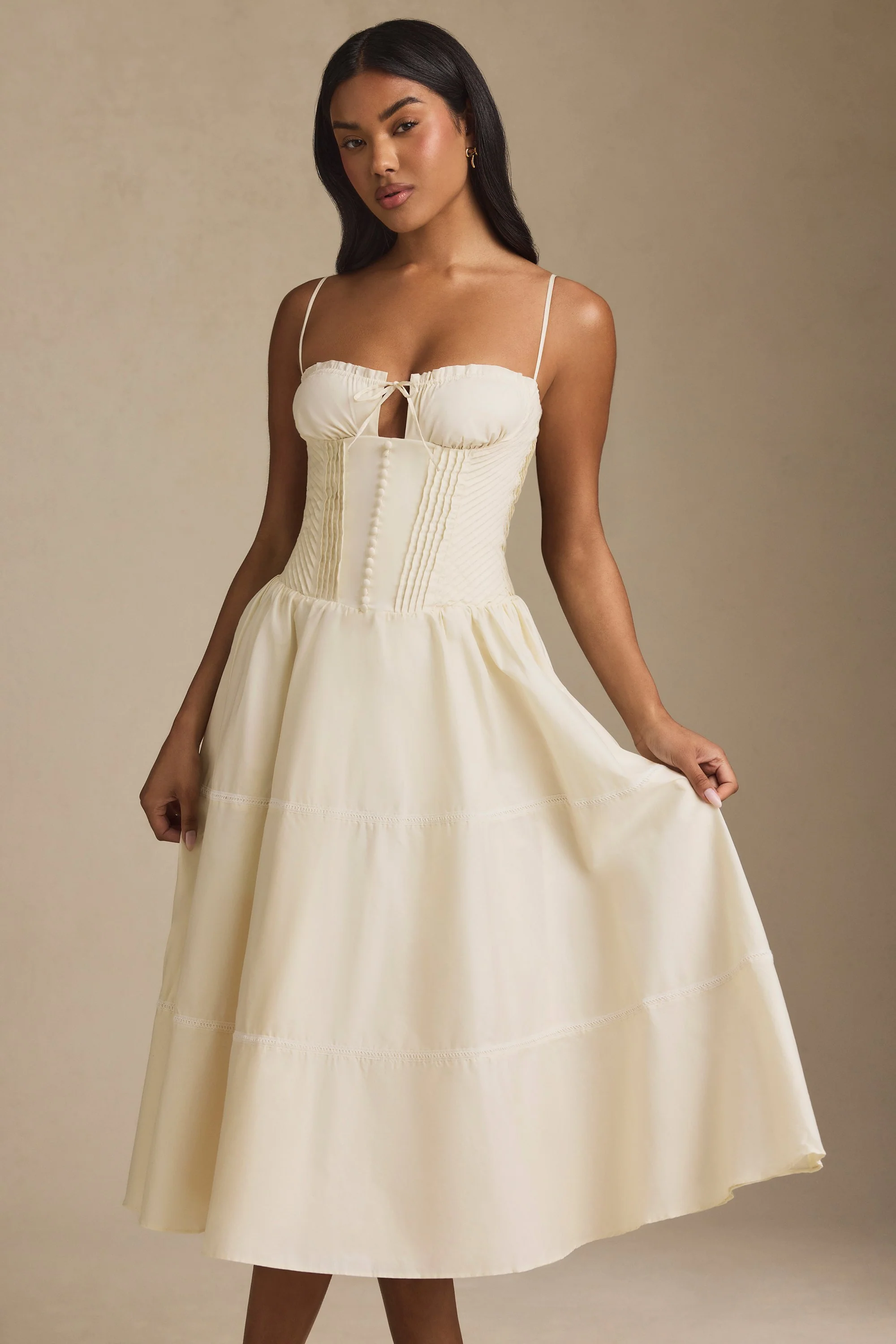 Lace-Trim Pintucked Poplin Midaxi Dress in Ivory - TREBLEV