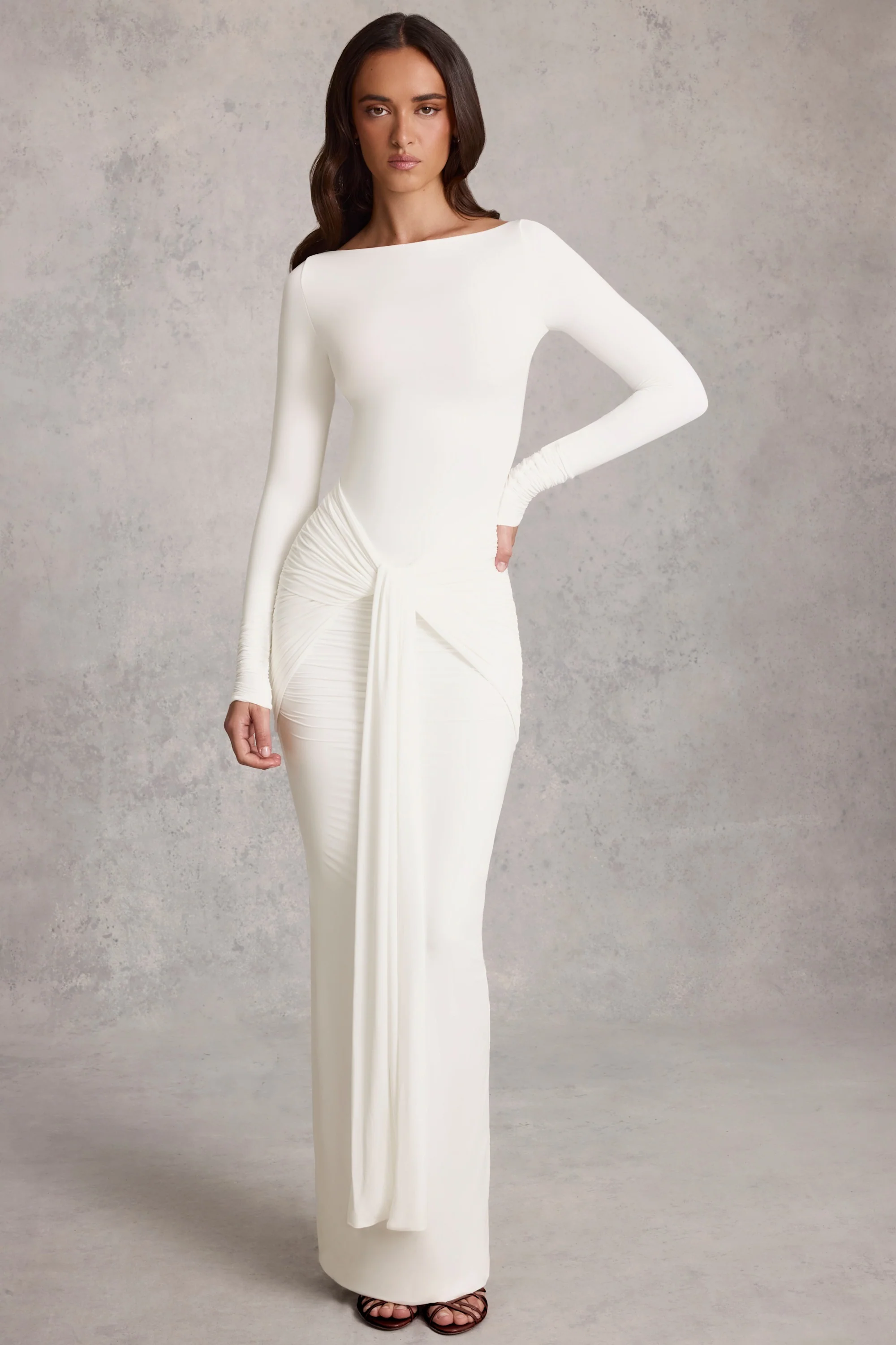 Draped Ruched Maxi Dress in White - TREBLEV