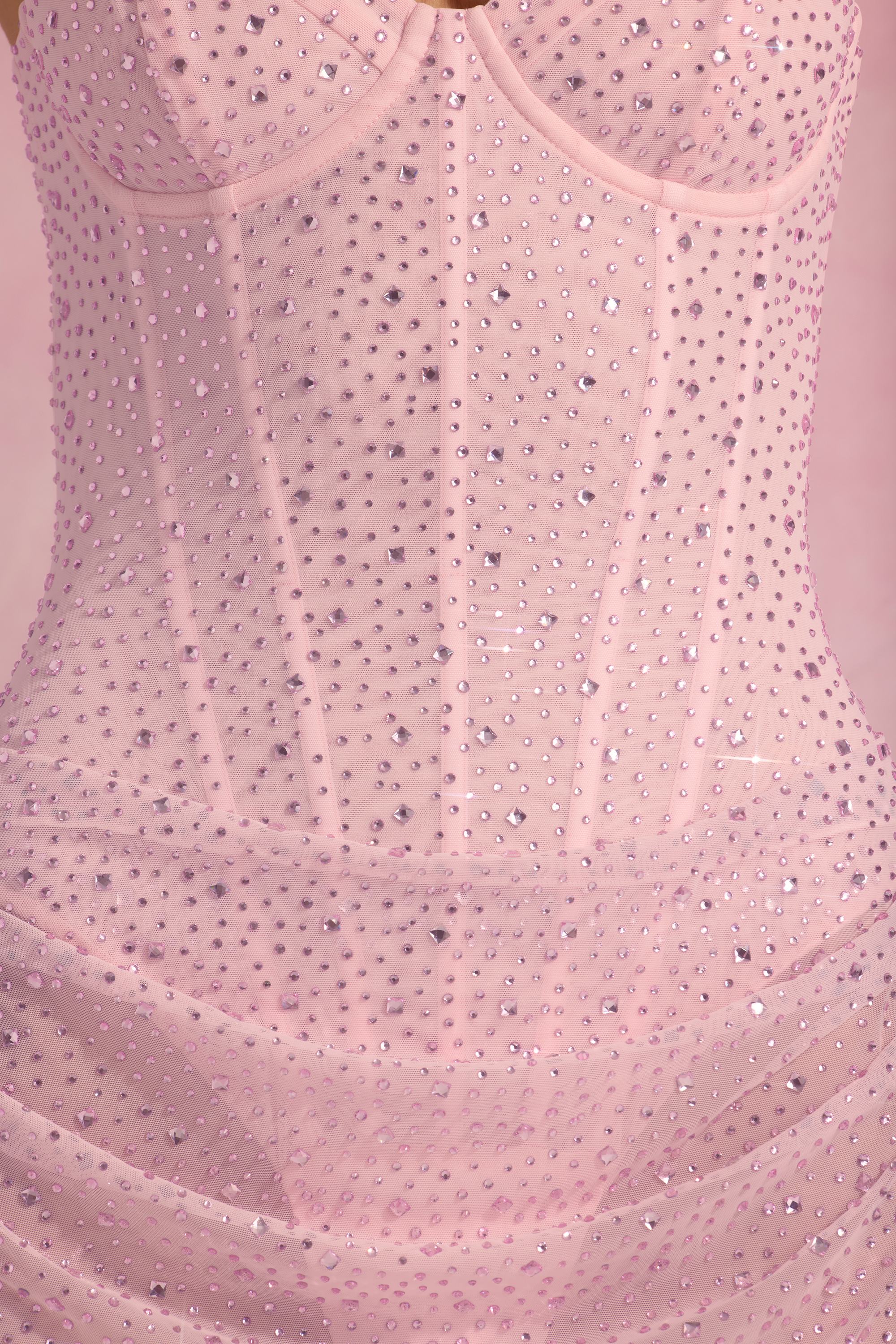 Semi-Sheer Embellished Draped Corset Mini Dress in Pink - TREBLEV