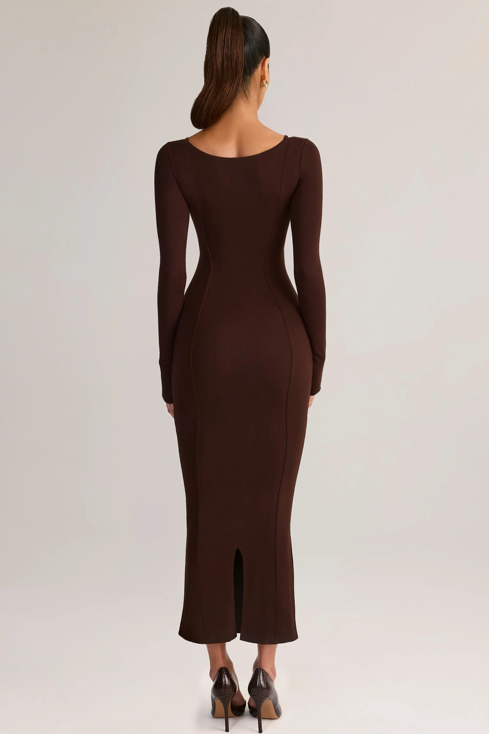 Modal Peekaboo Long-Sleeve Midi Dress in Chocolate Brown - TREBLEV