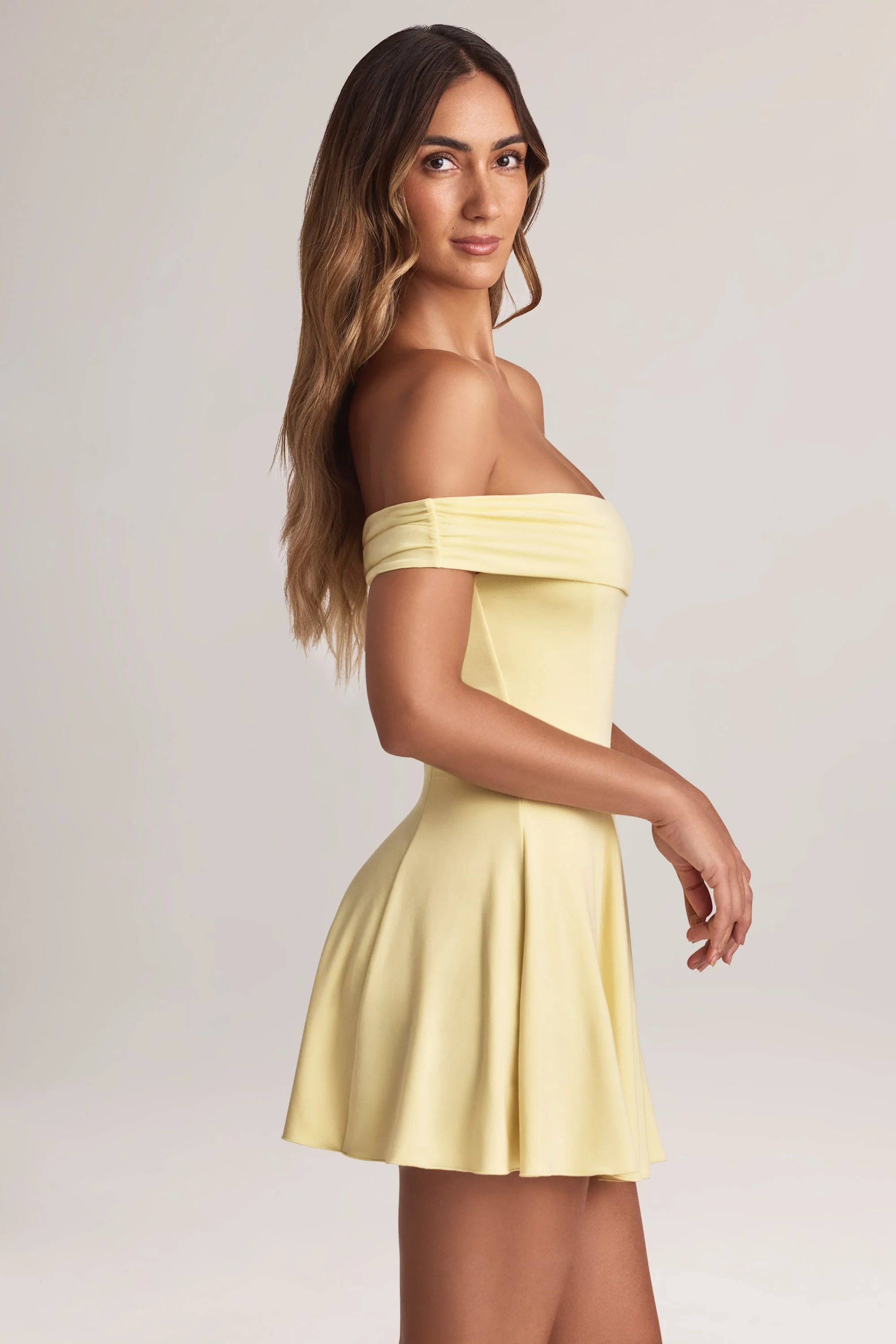 Modal Off-Shoulder A-Line Mini Dress in Lemon Sherbet - TREBLEV