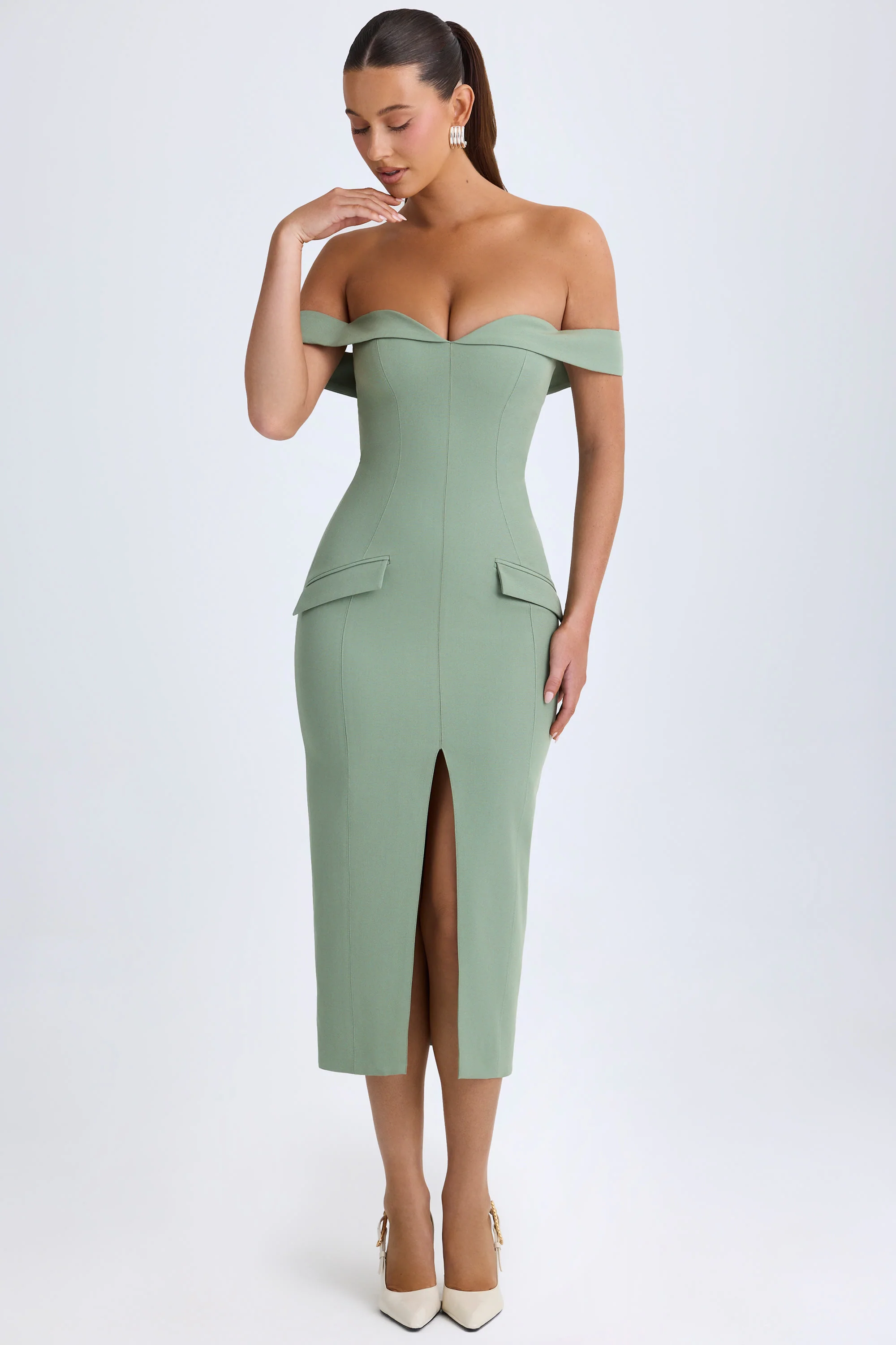 Off-Shoulder Midaxi Dress in Khaki Green - TREBLEV