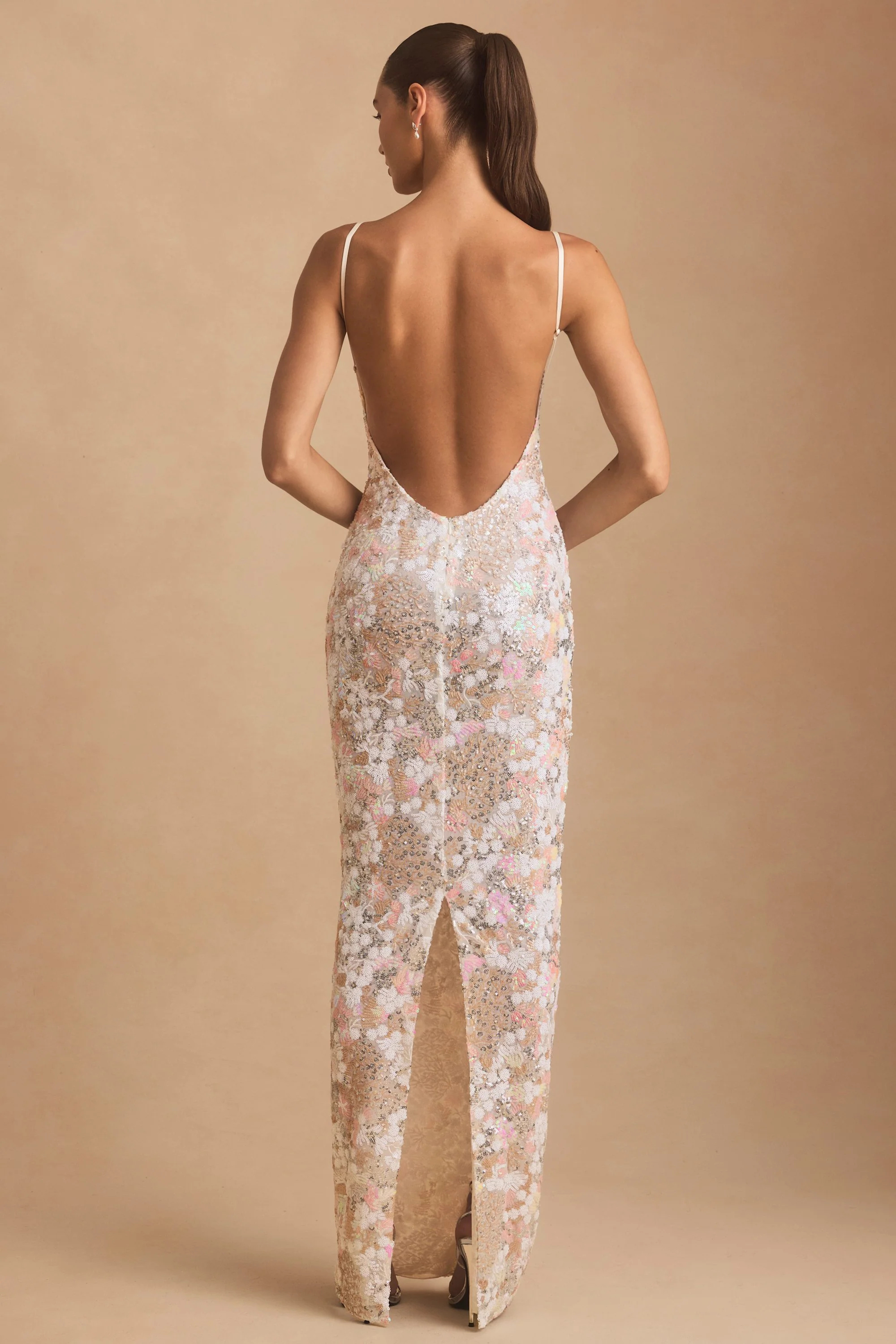 Embellished Scoop-Neck Backless Maxi Dress in Ivory - TREBLEV