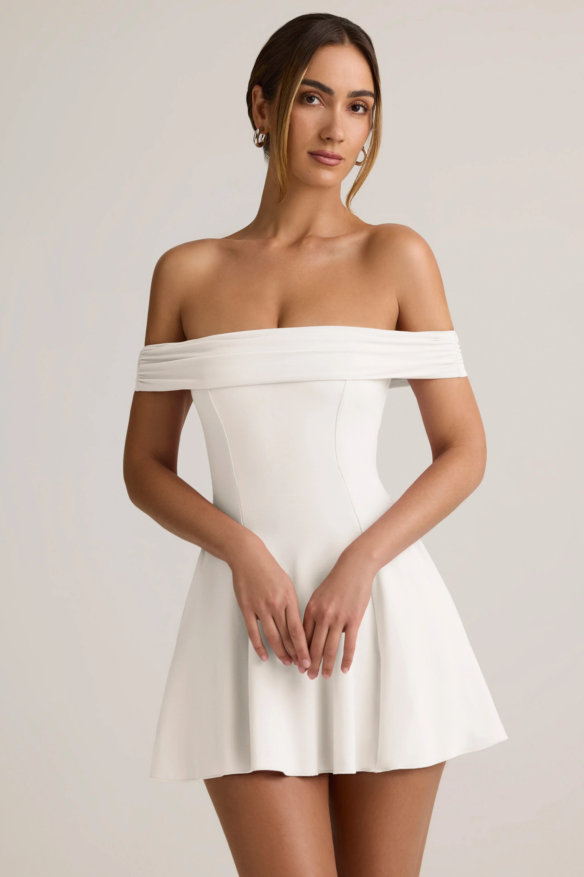 Modal Off-Shoulder A-Line Mini Dress in White - TREBLEV