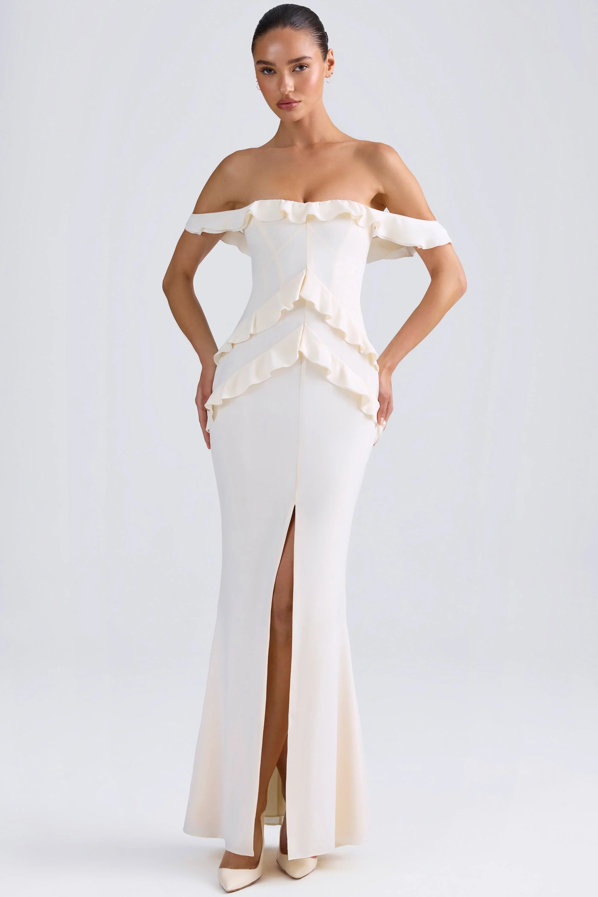 Off-Shoulder Ruffle-Trim Gown in Ivory - TREBLEV