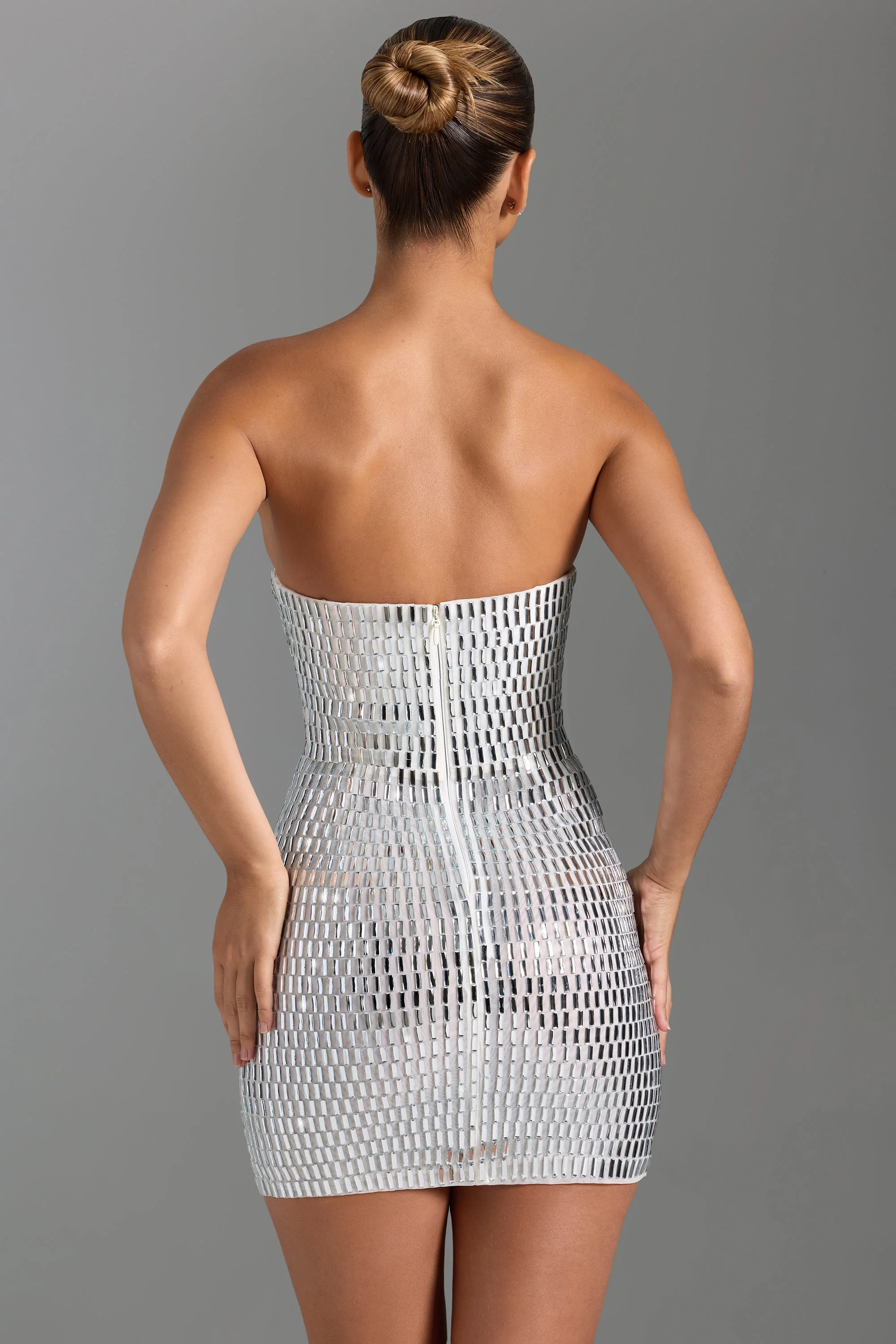 Embellished Bandeau Mini Dress in White - TREBLEV