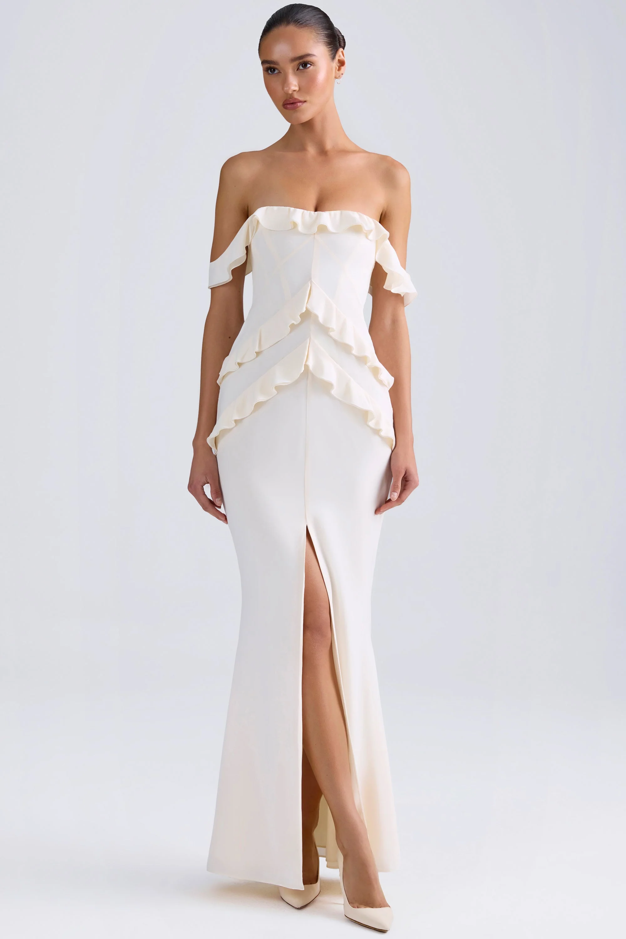 Off-Shoulder Ruffle-Trim Gown in Ivory - TREBLEV