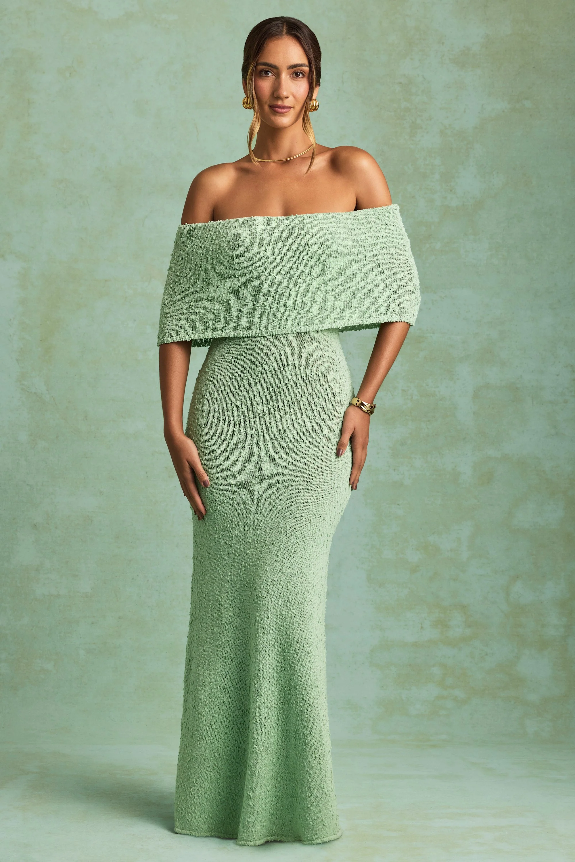 Bouclé Off-Shoulder Maxi Dress in Mint - TREBLEV