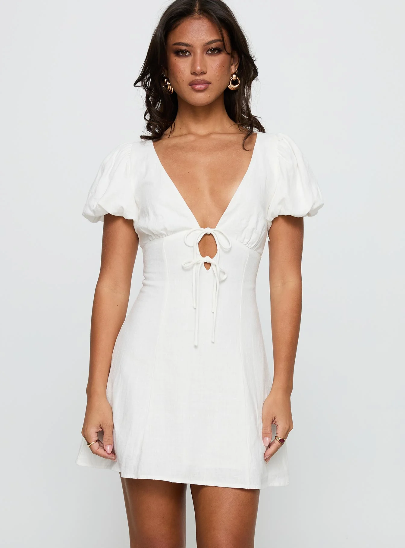 Beloved Puff Sleeve Linen Blend Mini Dress White - TREBLEV