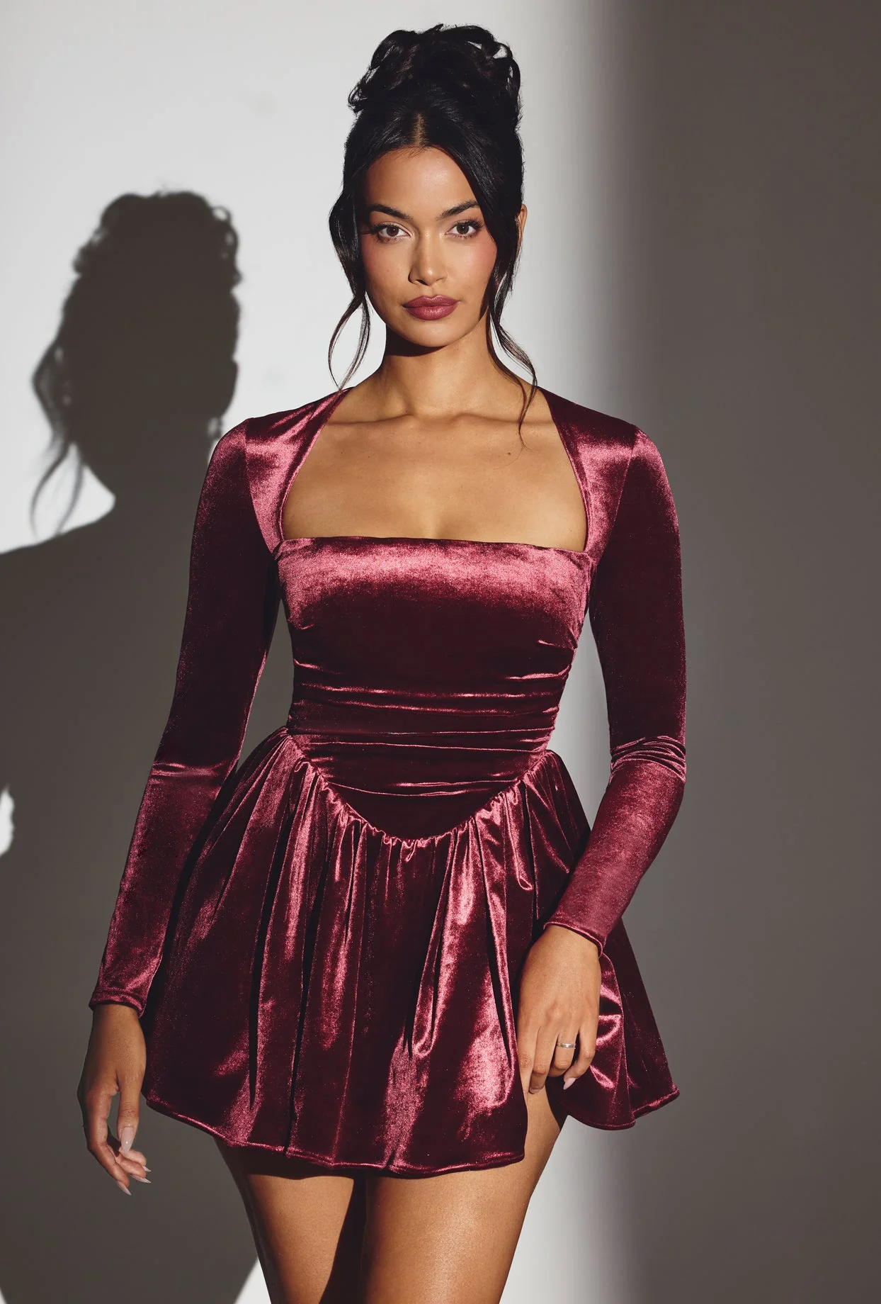 Velvet Long Sleeve Corset Mini Dress in Wine - TREBLEV