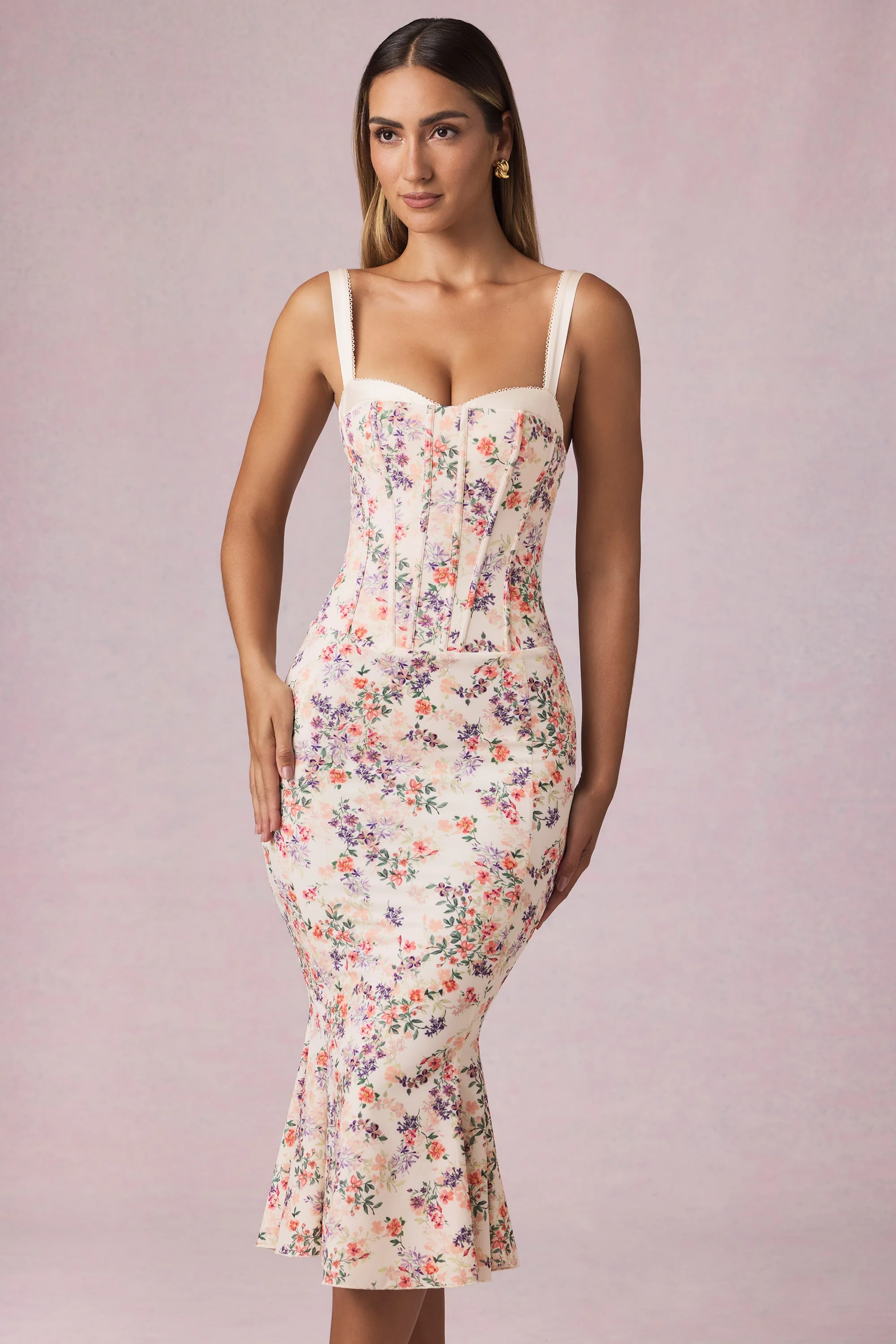 Layered Bra-Detail Fishtail Midaxi Dress in Primrose Floral Print - TREBLEV