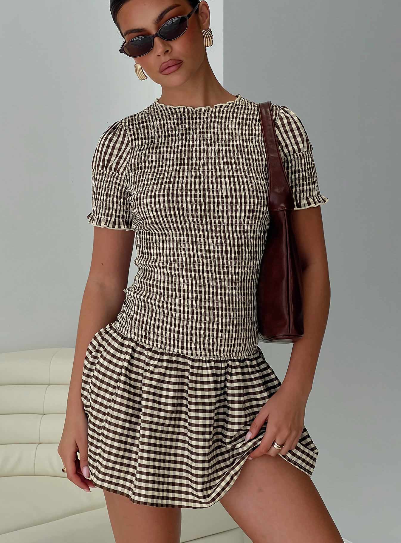 Laurita Shirred Mini Dress Brown Check - TREBLEV