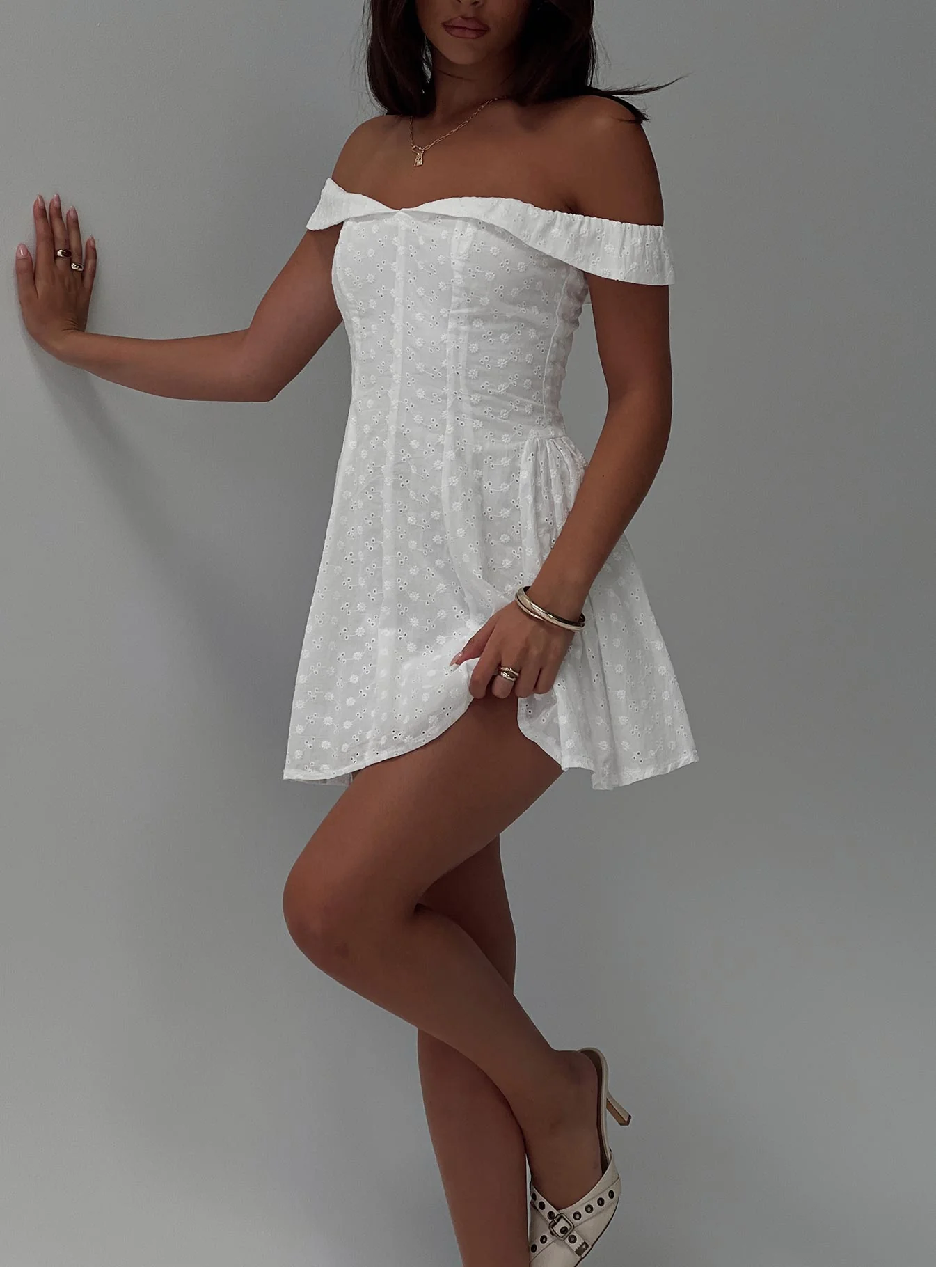Rosebud Broderie Off The Shoulder Mini Dress White - TREBLEV