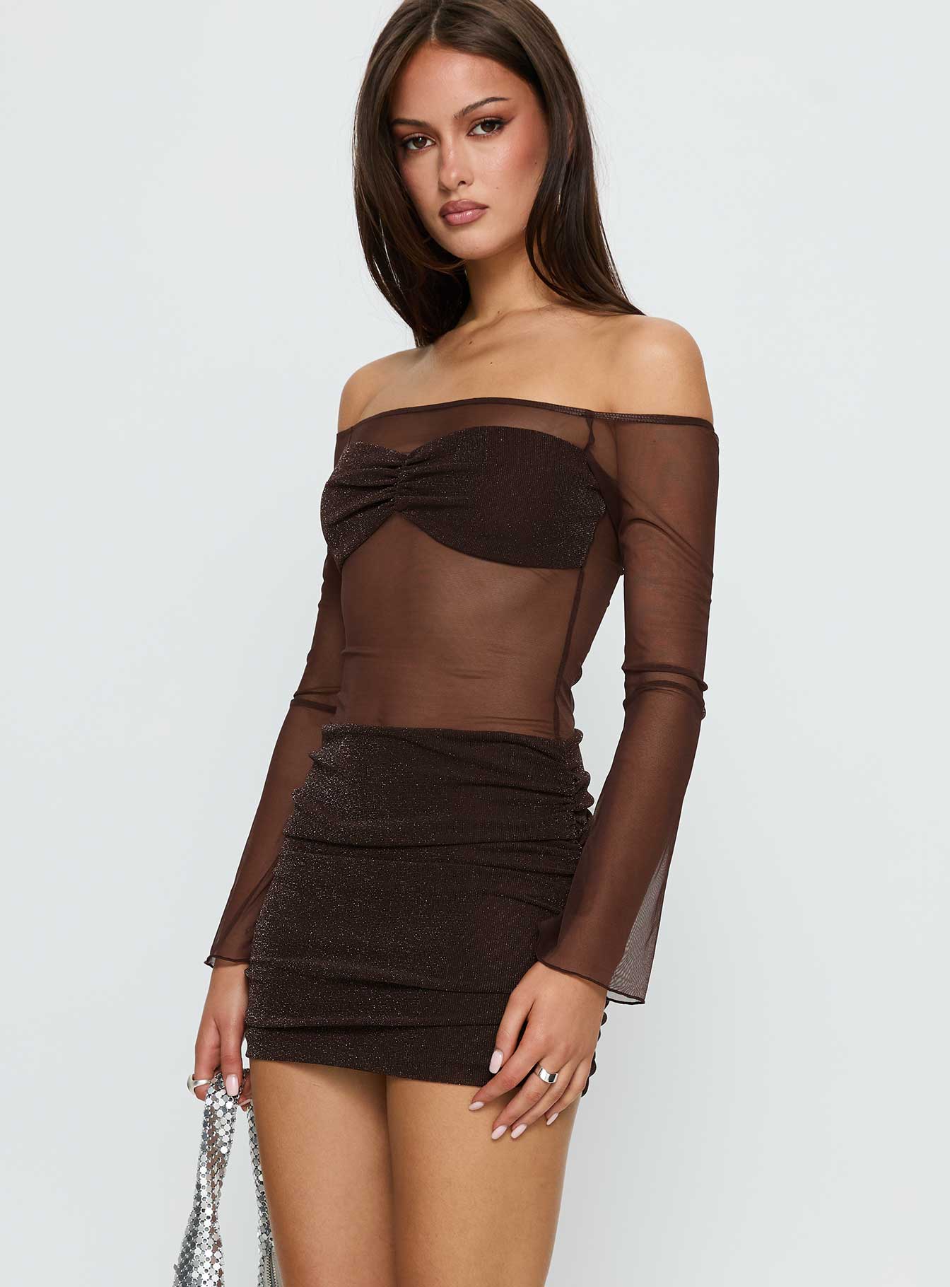 Briseida Mesh Long Sleeve Mini Dress Chocolate - TREBLEV