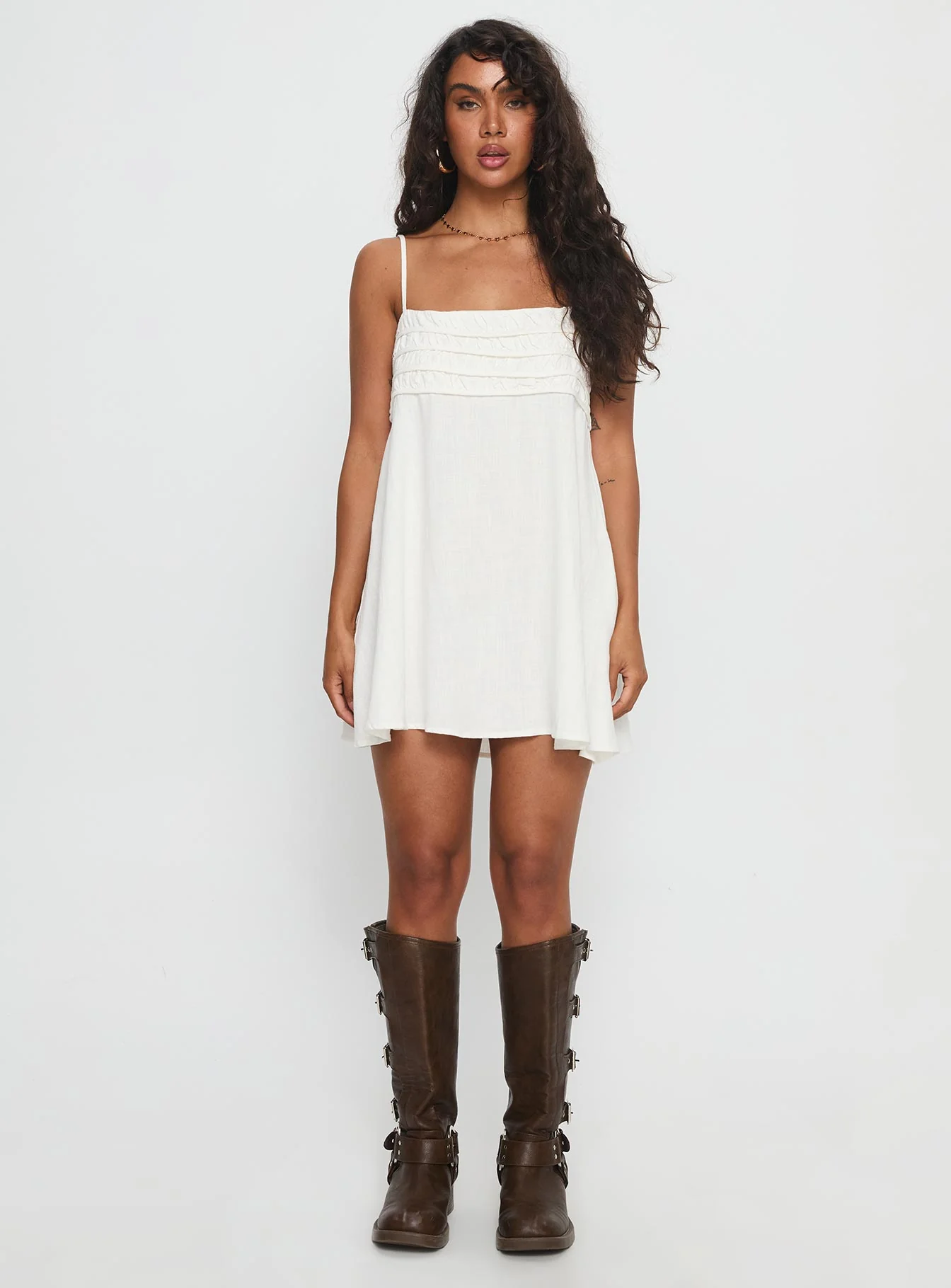 Every Breath Linen Shift Mini Dress White - TREBLEV