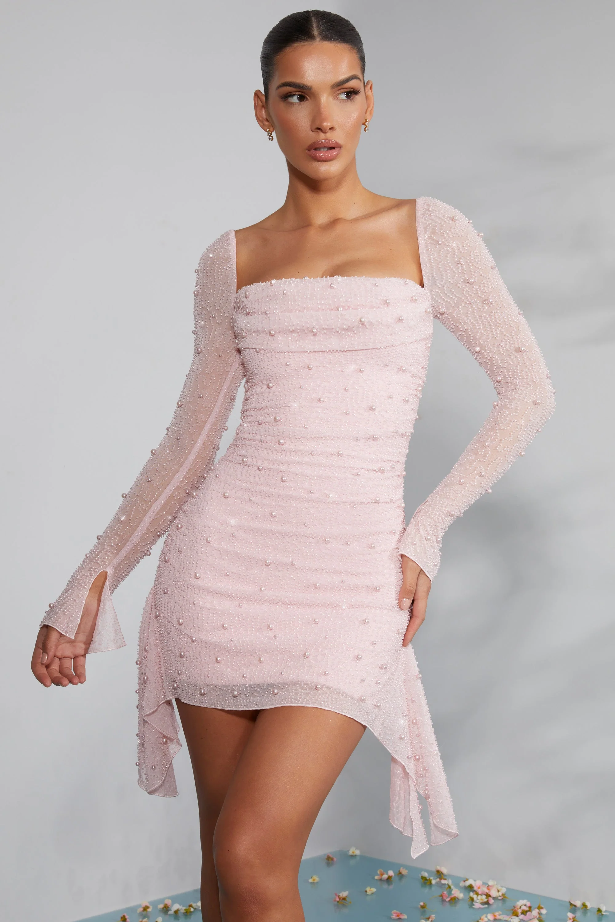 Long Sleeve Embellished Cowl Neck Mini Dress in Blush - TREBLEV