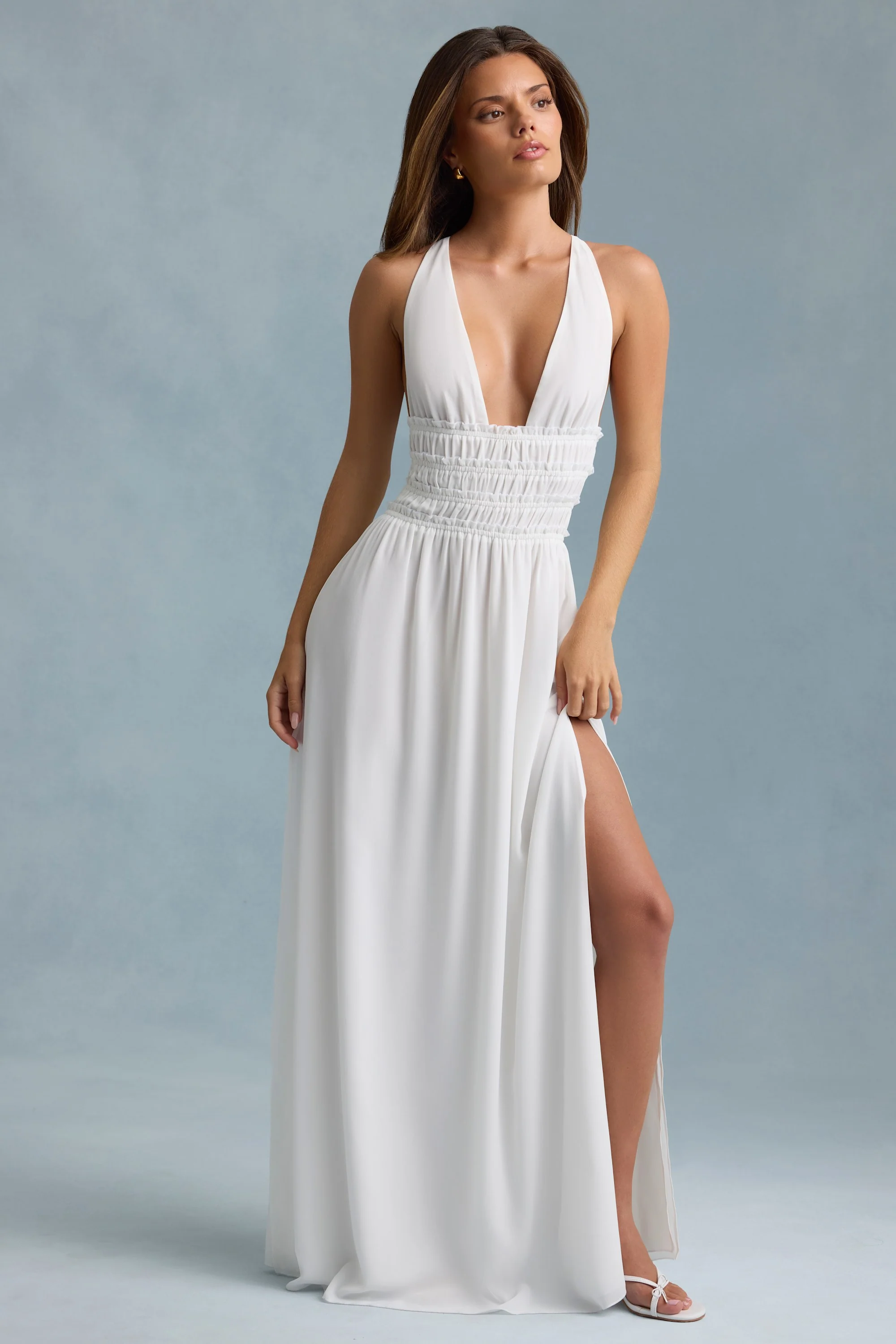 Plunge Cross-Back Maxi Dress in White - TREBLEV