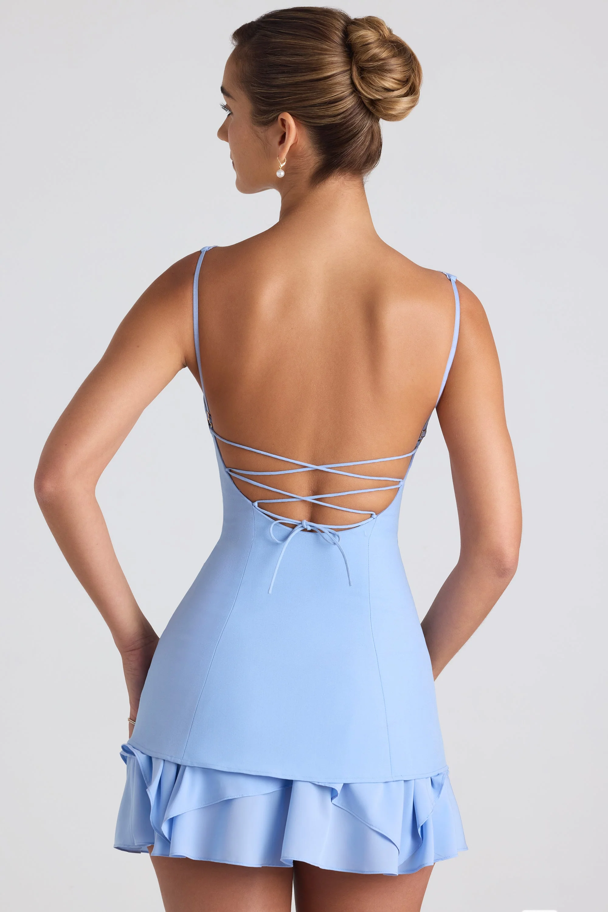 Ruffle-Trim Button-Detail Corset Mini Dress in Sky Blue - TREBLEV