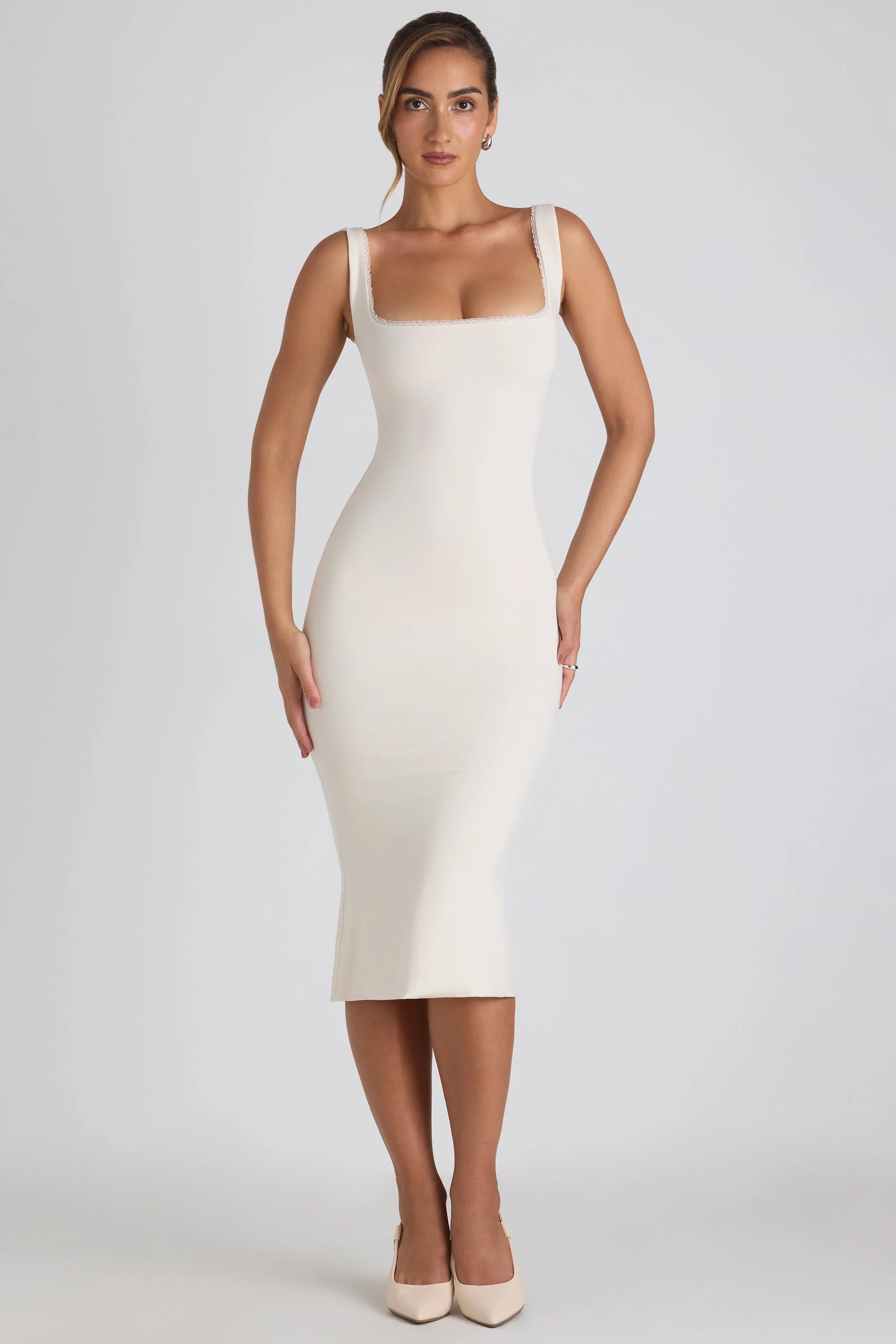 Modal Lace-Trim Midaxi Dress in Ivory - TREBLEV