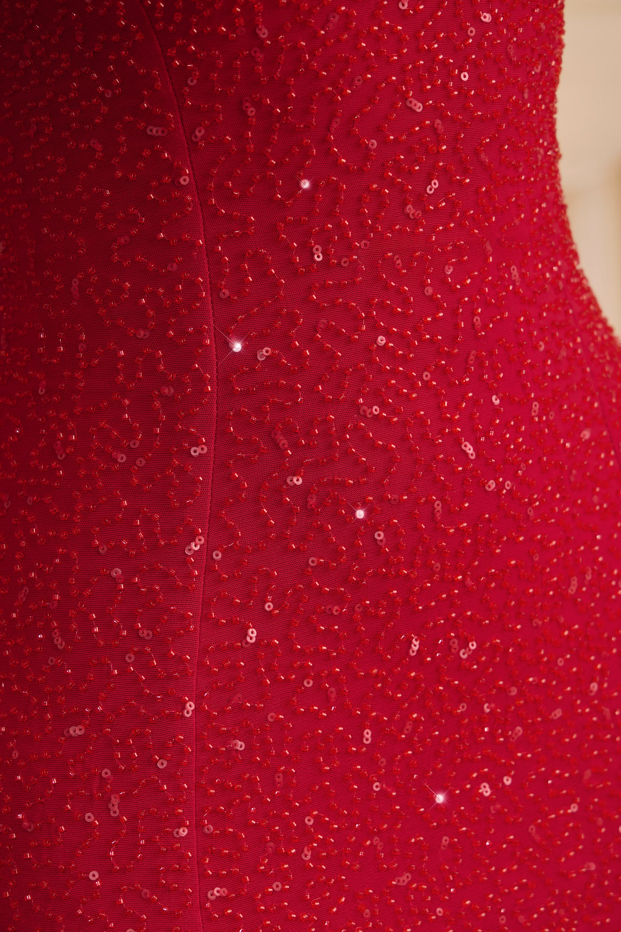 Embellished Strapless Cowl-Neck Maxi Dress in True Red - TREBLEV