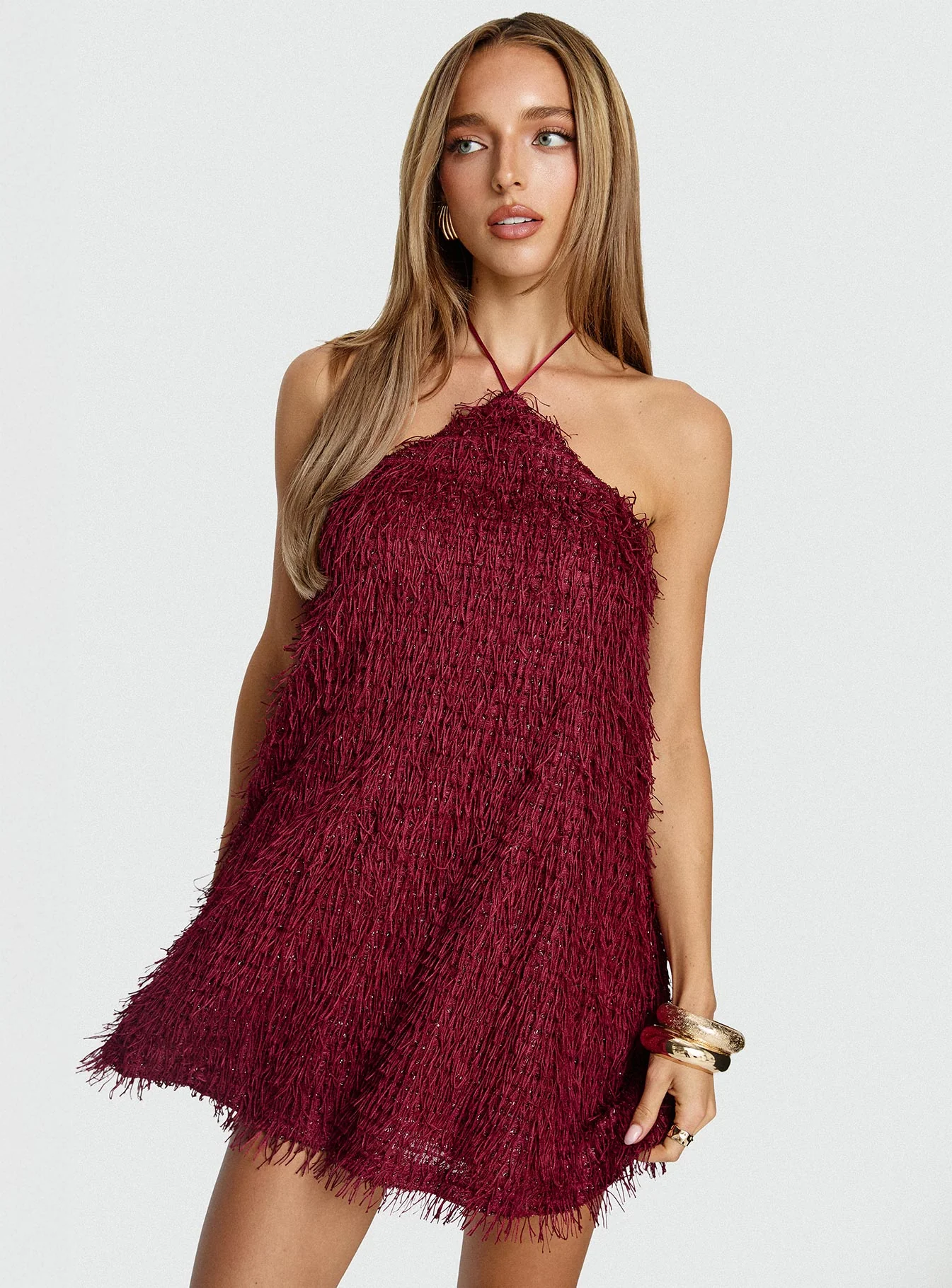 Koressa Halter Fringe Mini Dress Burgundy - TREBLEV