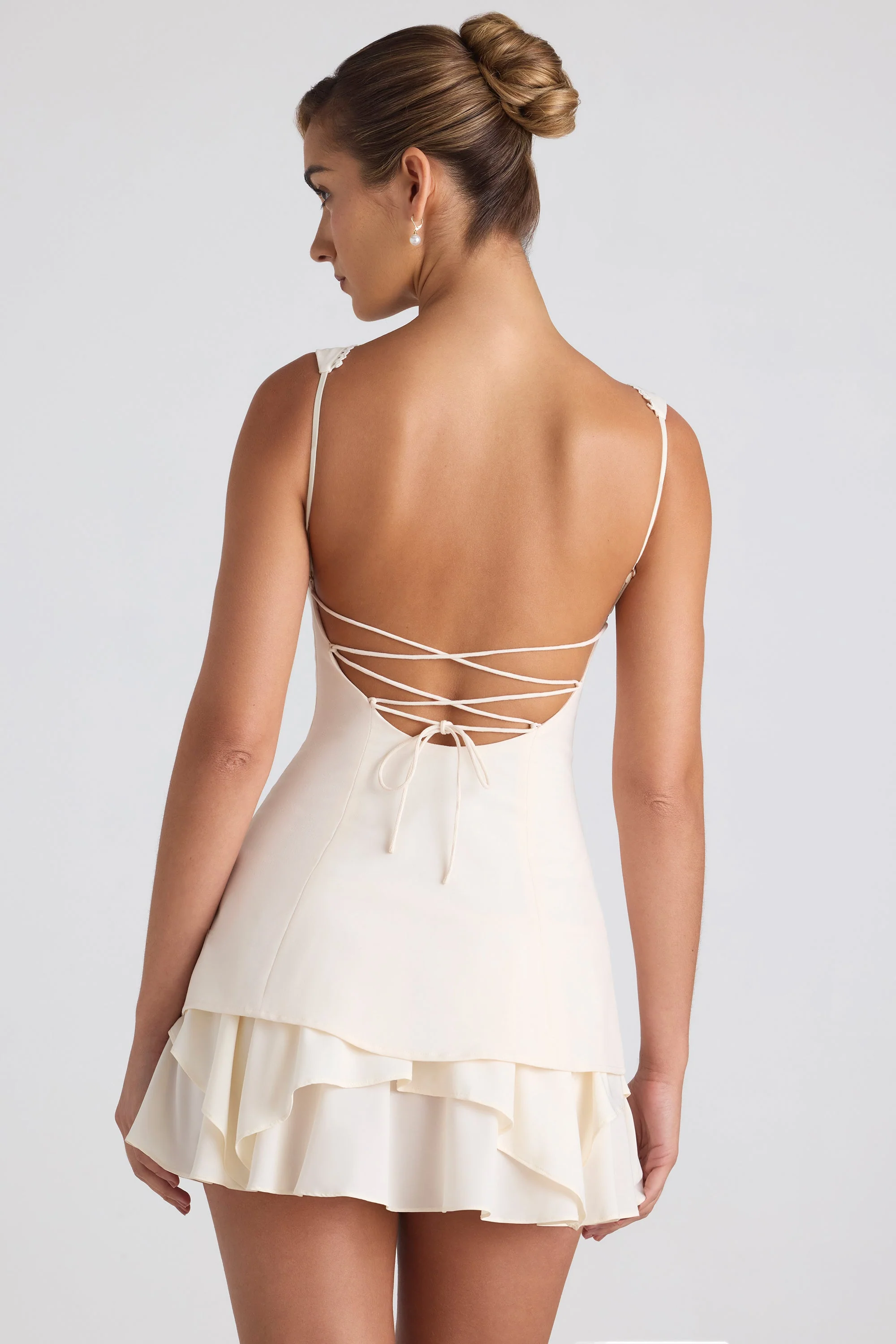Ruffle-Trim Button-Detail Corset Mini Dress in Ivory - TREBLEV