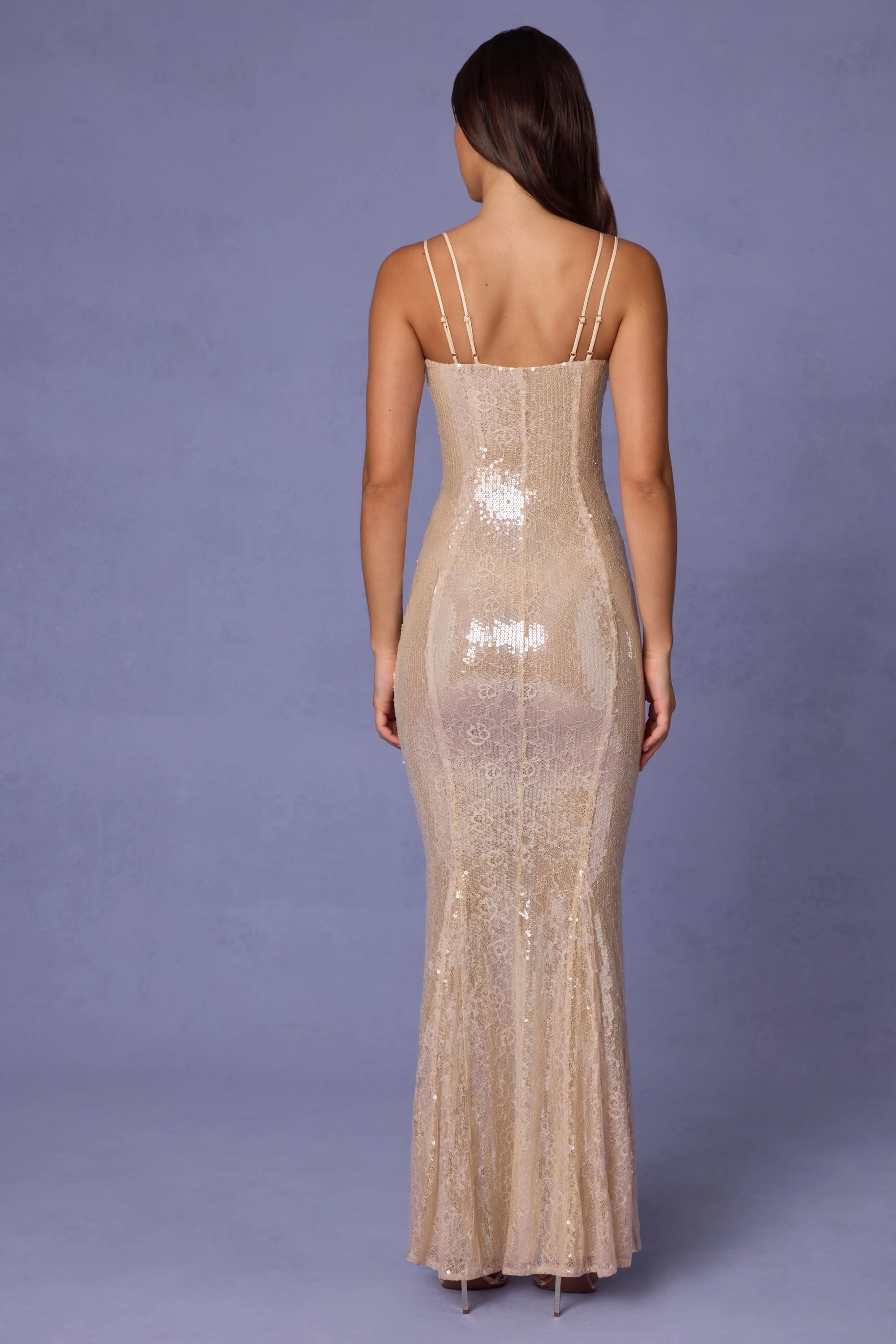 Embellished Square Neck Lace Gown in Pale Peach - TREBLEV