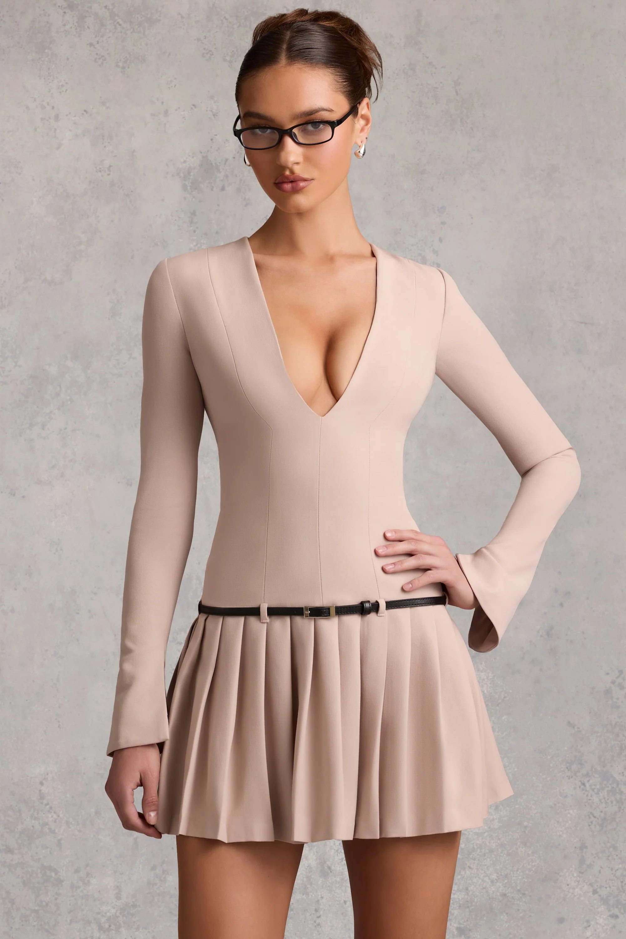 Long-Sleeve Pleated Mini Dress in Mushroom - TREBLEV