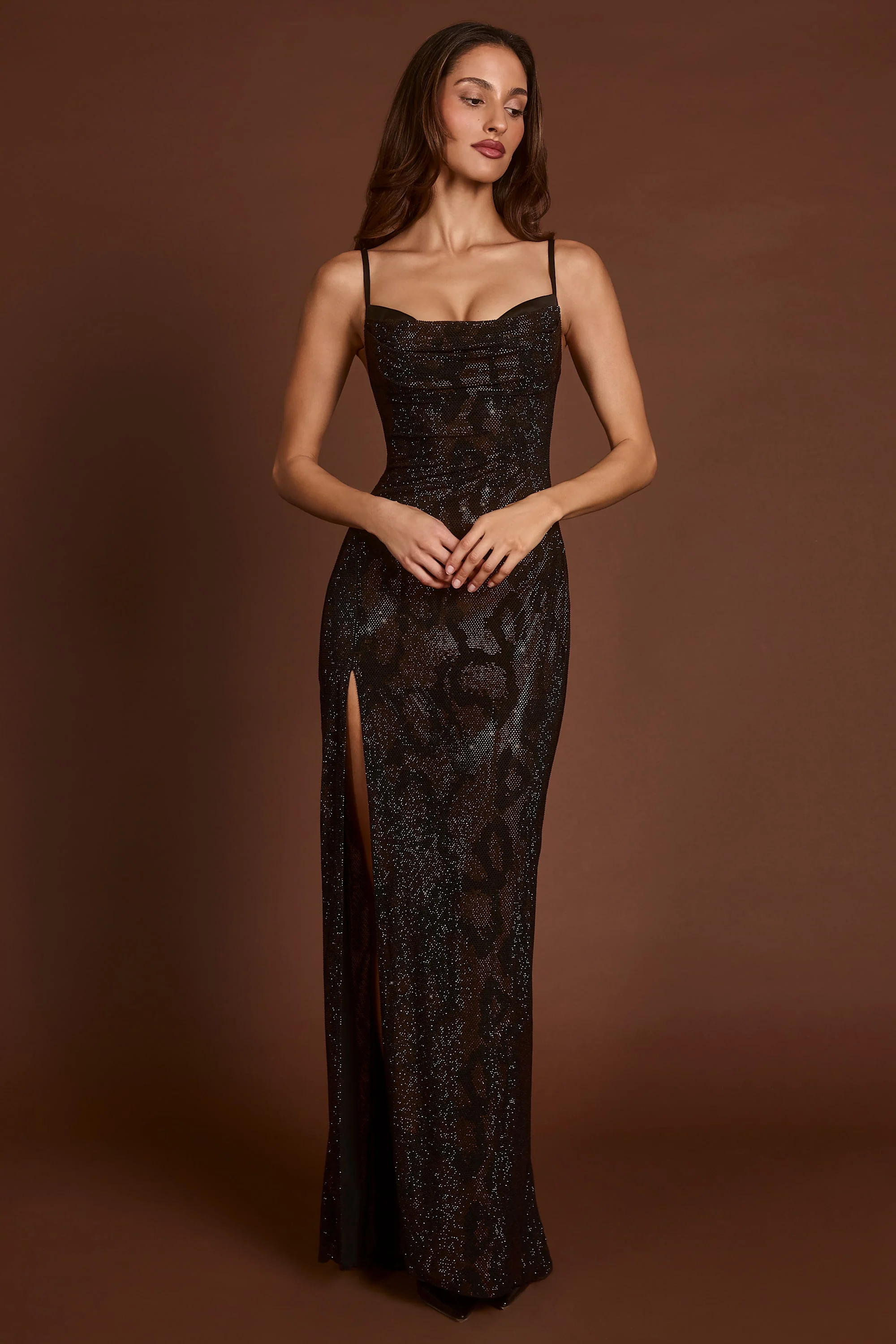 Embellished Peekaboo Cowl-Neck Dress in Brown Snake - TREBLEV