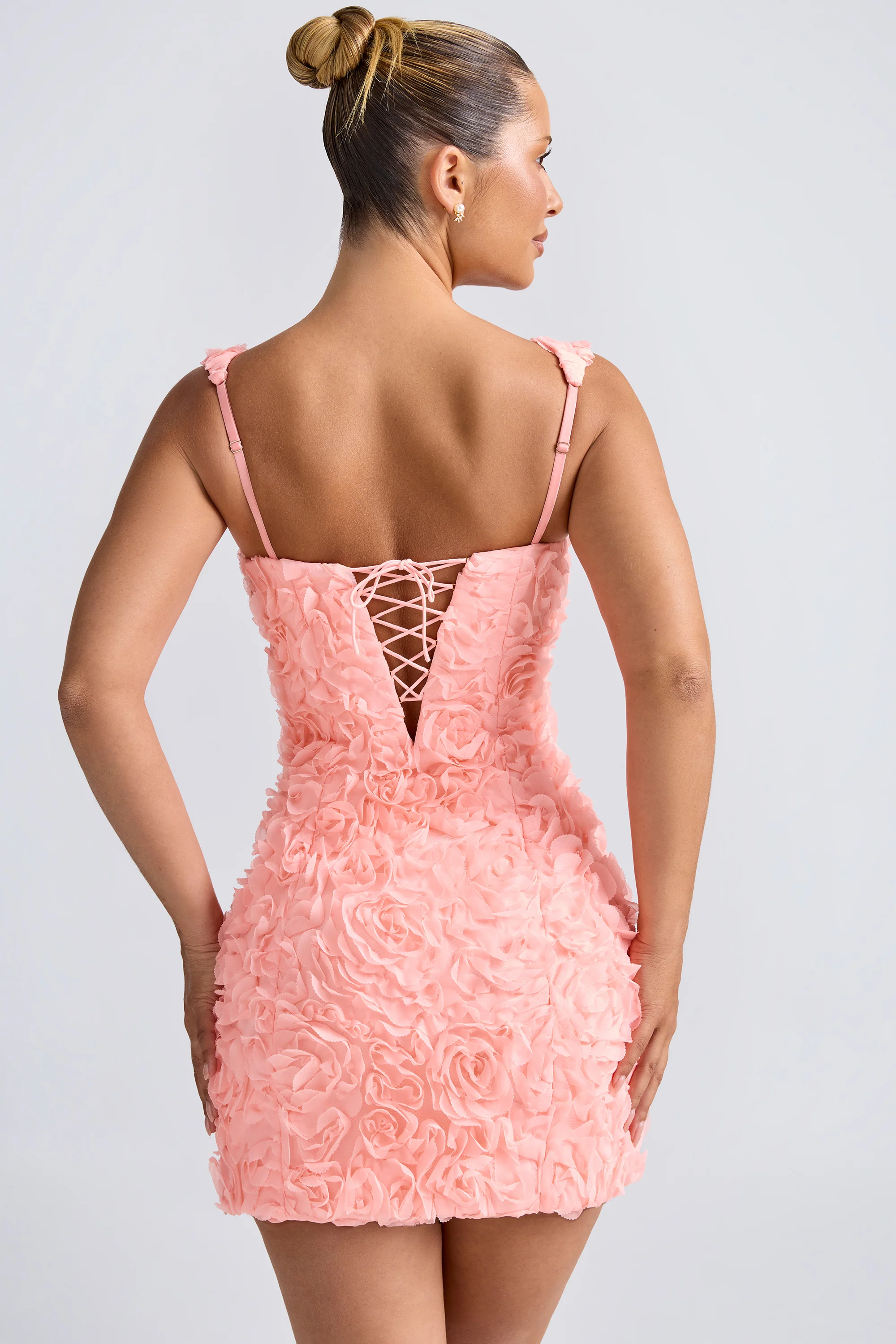 Floral-Appliqué Corset Mini Dress in Coral - TREBLEV