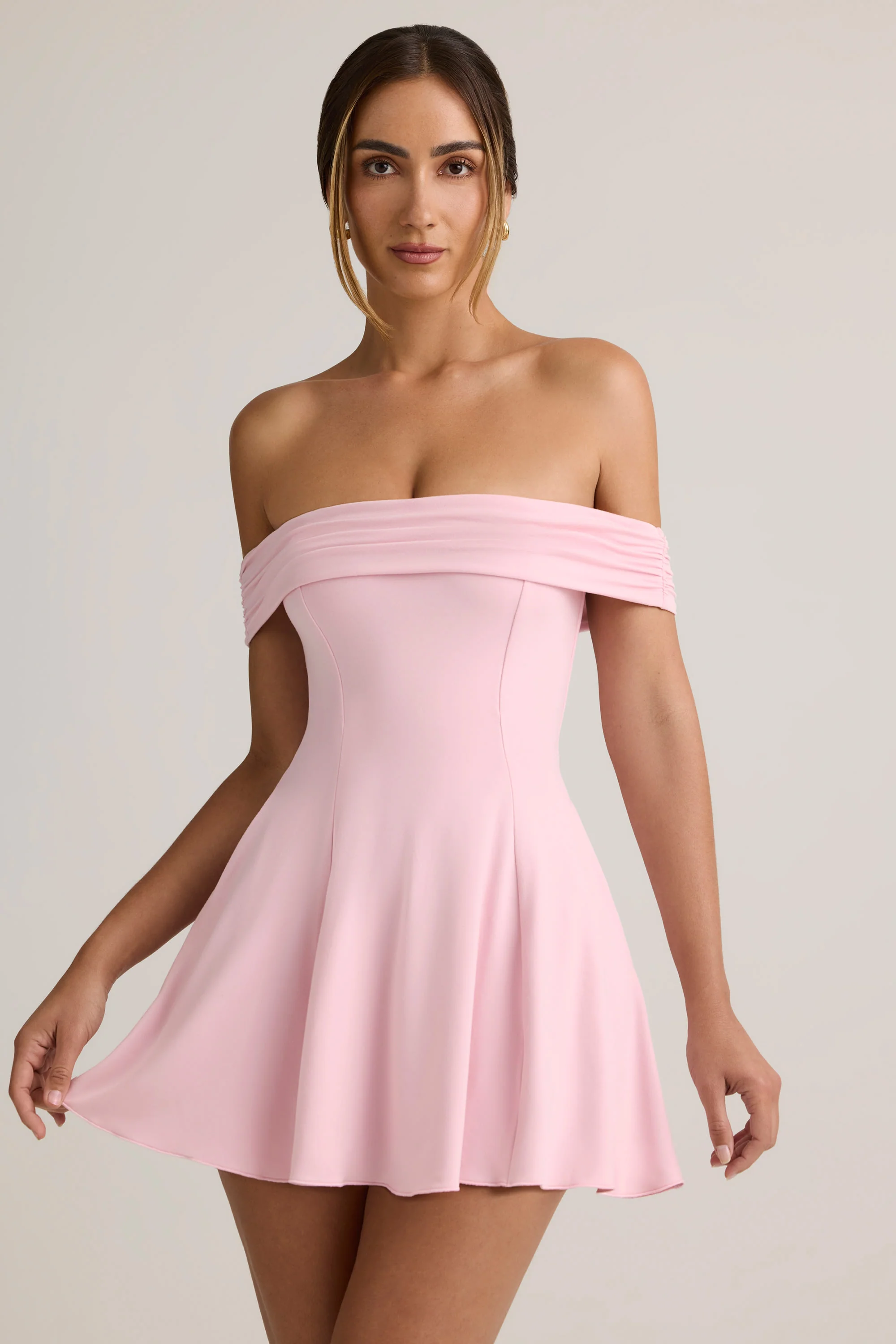 Modal Off-Shoulder A-Line Mini Dress in Baby Pink - TREBLEV