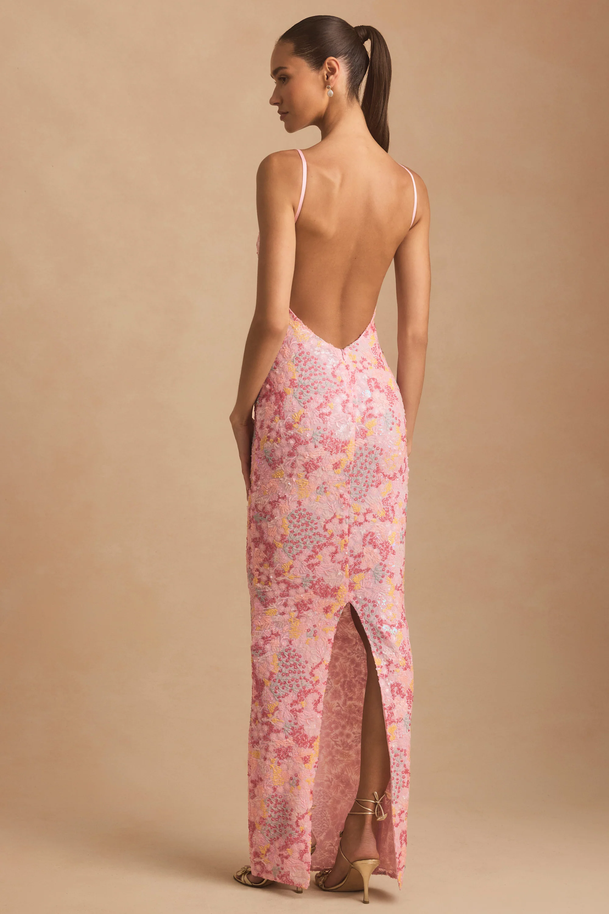 Embellished Scoop-Neck Backless Maxi Dress in Pink - TREBLEV