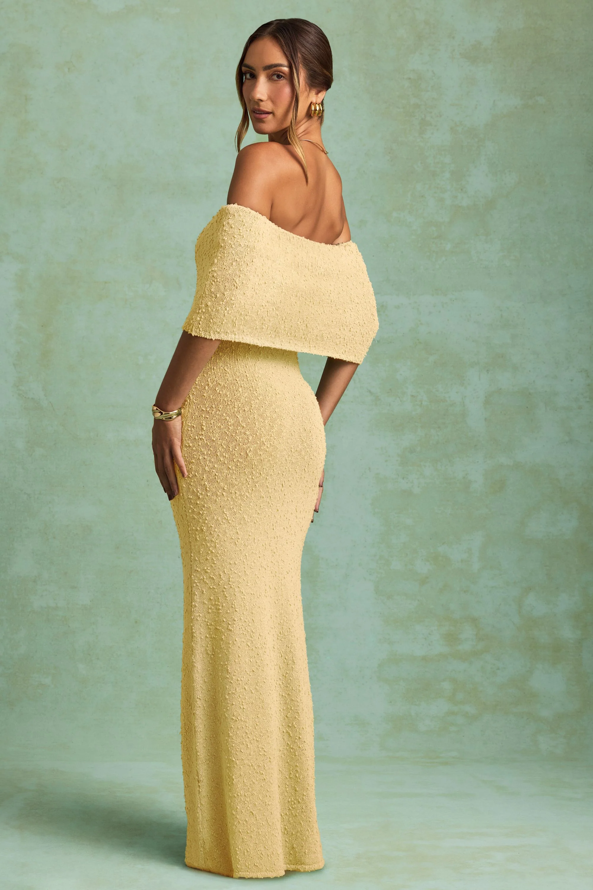 Bouclé Off-Shoulder Maxi Dress in Yellow - TREBLEV