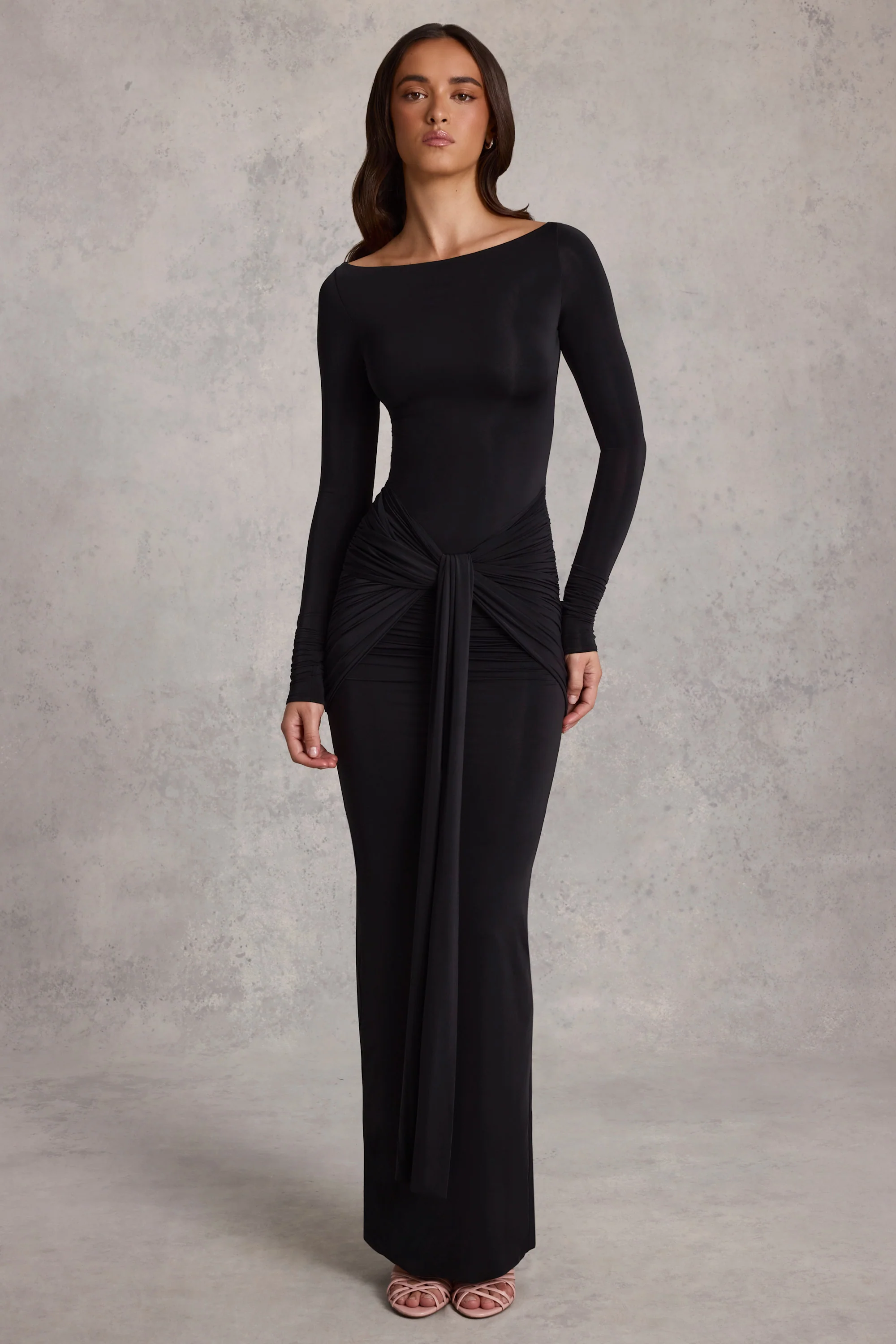 Draped Ruched Maxi Dress in Black - TREBLEV