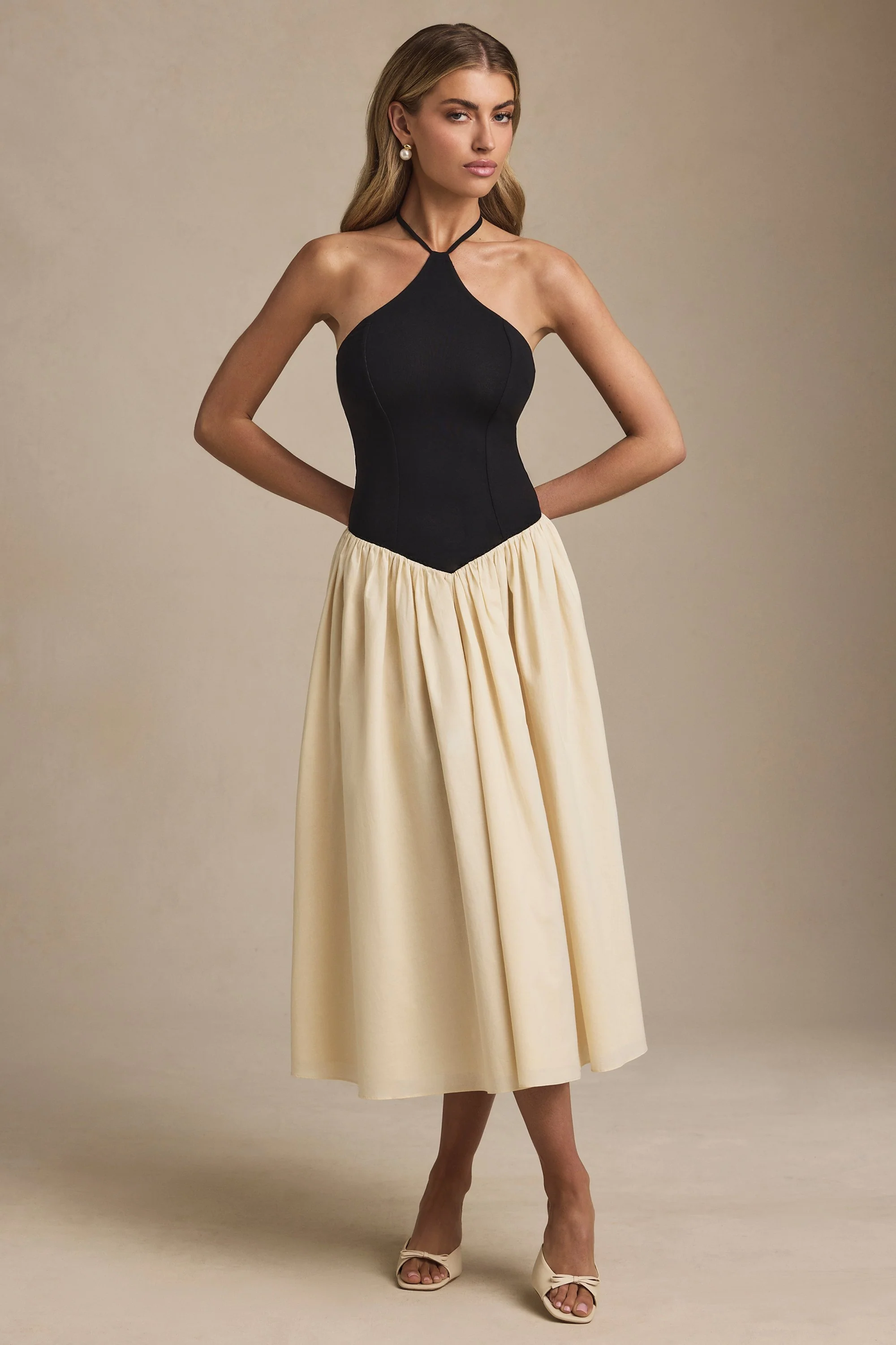 Halterneck A-Line Midaxi Dress in Black - TREBLEV