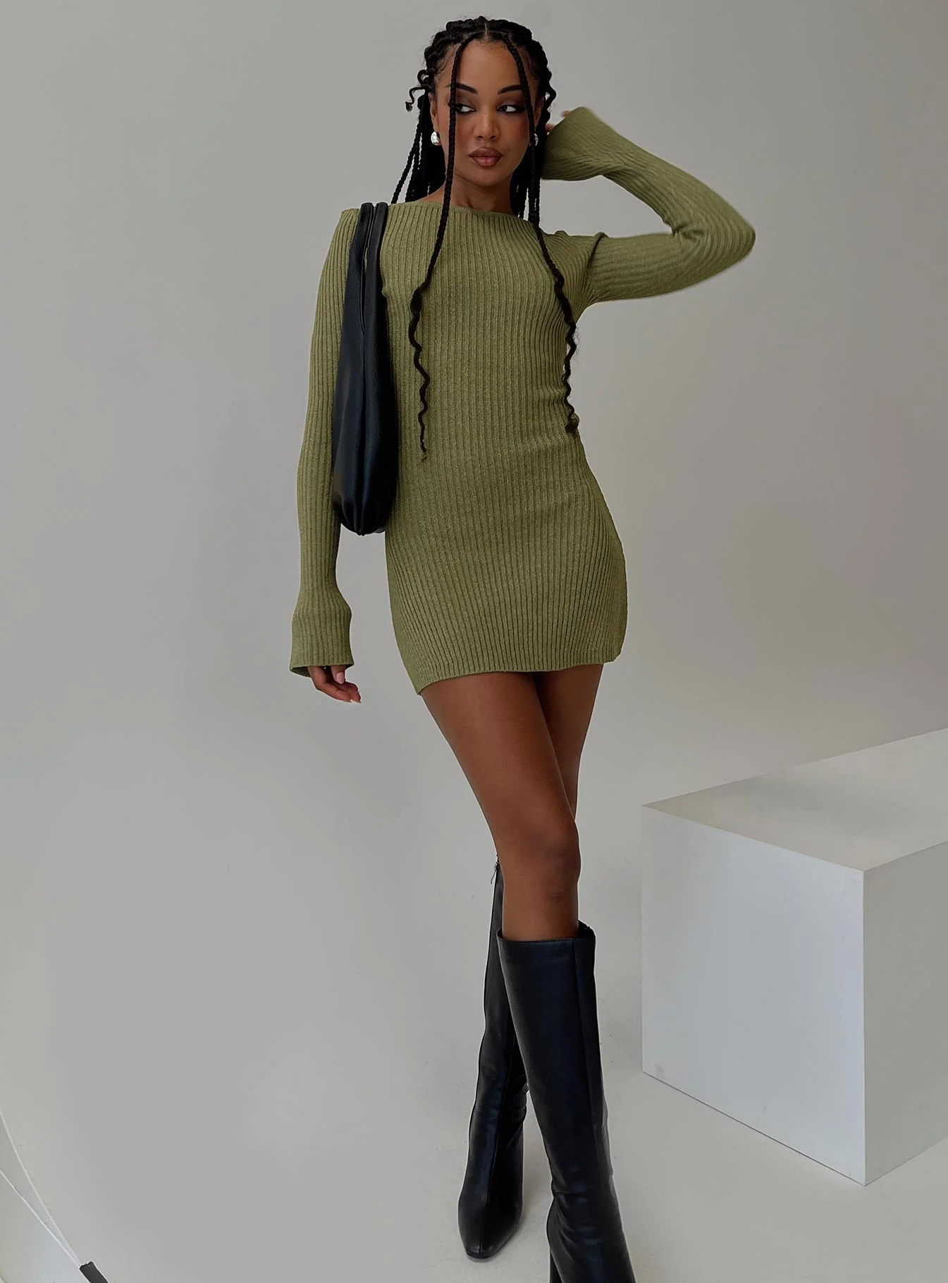 Osment Long Sleeve Knit Mini Dress Olive - TREBLEV