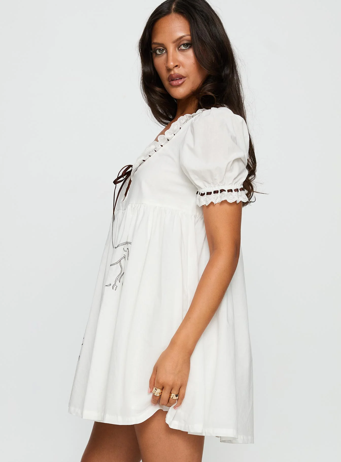 Cloudy Babydoll Contrast Trim Mini Dress White - TREBLEV